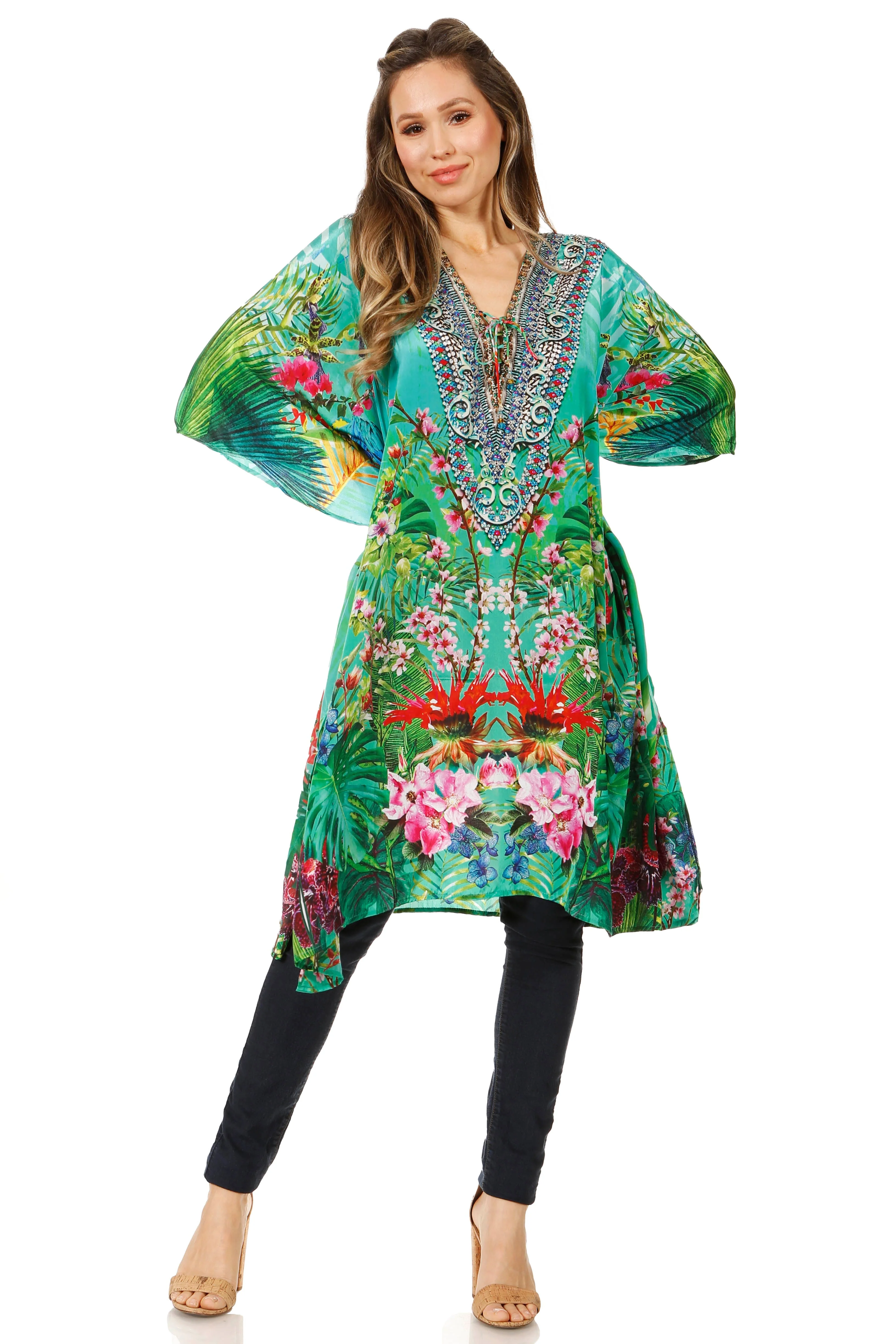 Sakkas Zeni Women's Short sleeve V-neck Summer Floral Print Caftan Dress Cover-up - Image 70