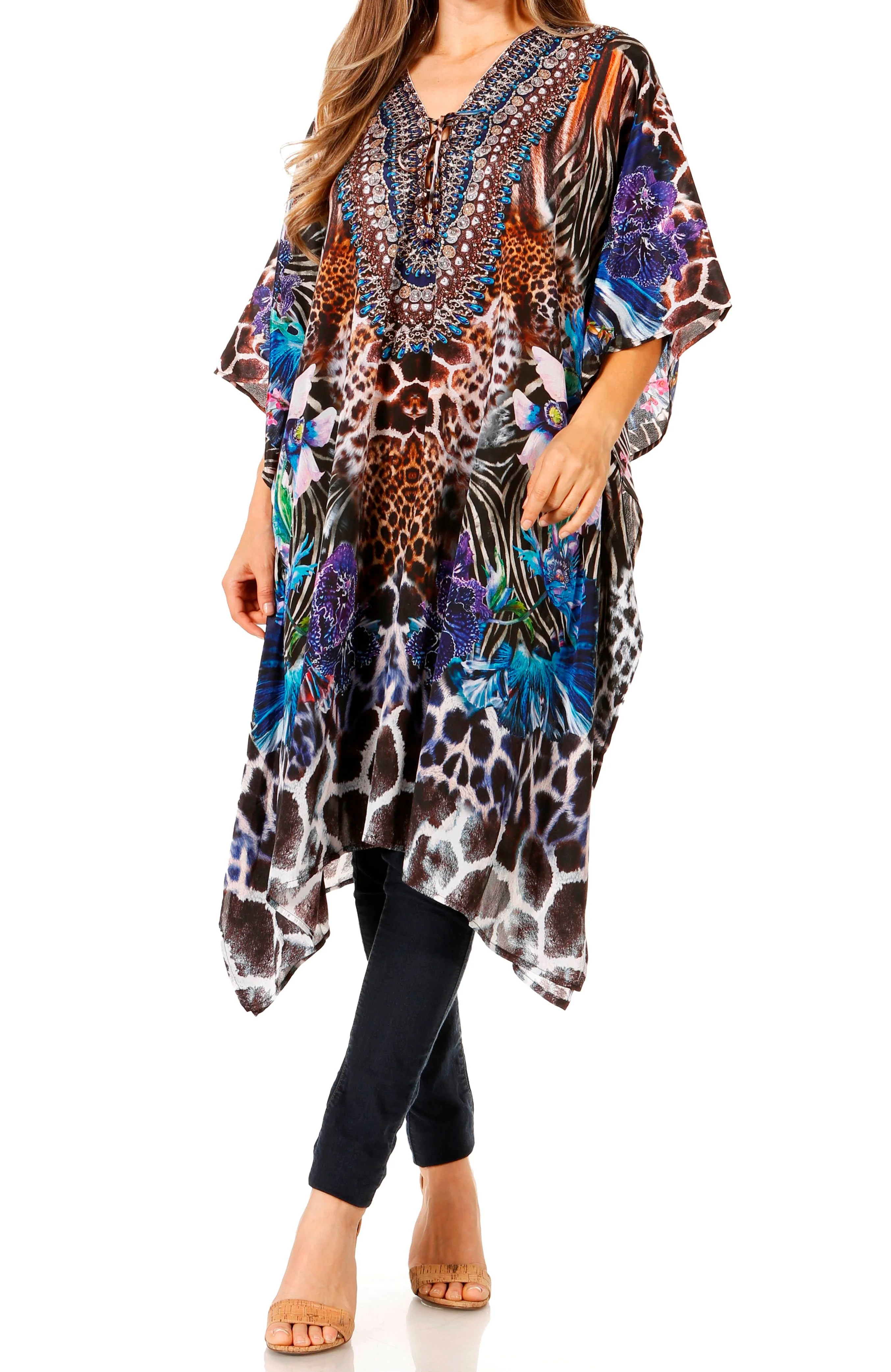 Sakkas Zeni Women's Short sleeve V-neck Summer Floral Print Caftan Dress Cover-up - Image 71