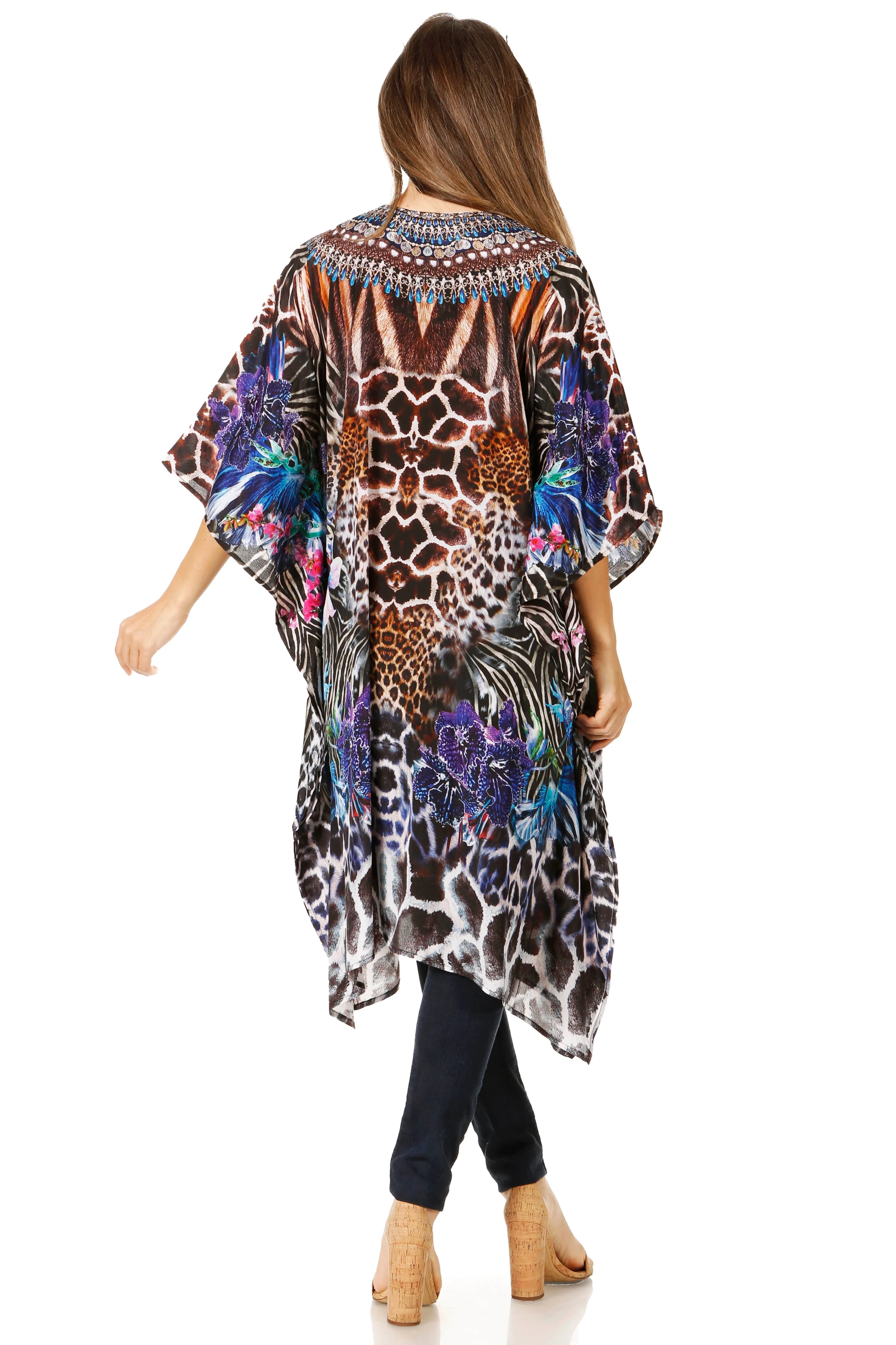 Sakkas Zeni Women's Short sleeve V-neck Summer Floral Print Caftan Dress Cover-up - Image 72