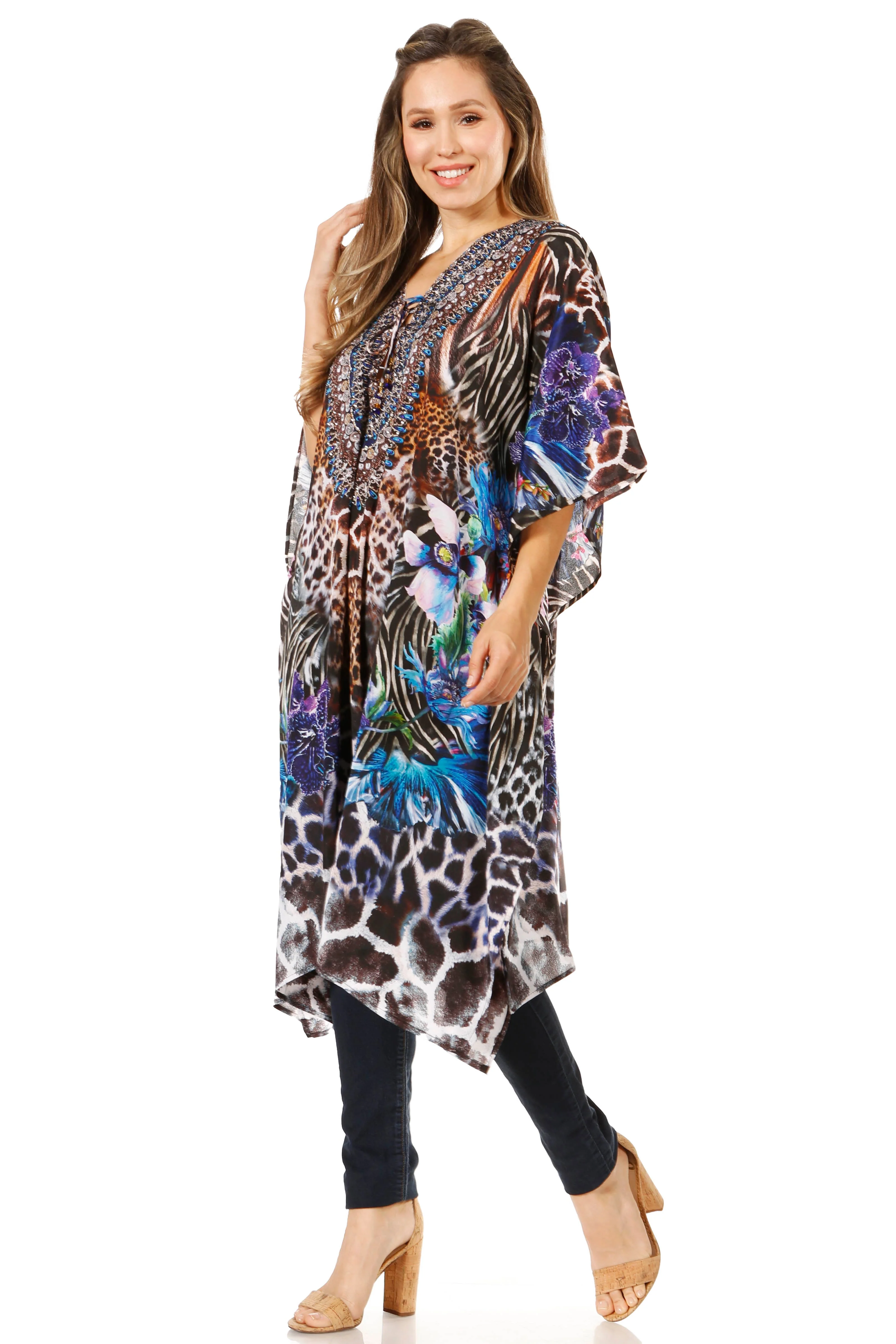 Sakkas Zeni Women's Short sleeve V-neck Summer Floral Print Caftan Dress Cover-up - Image 73