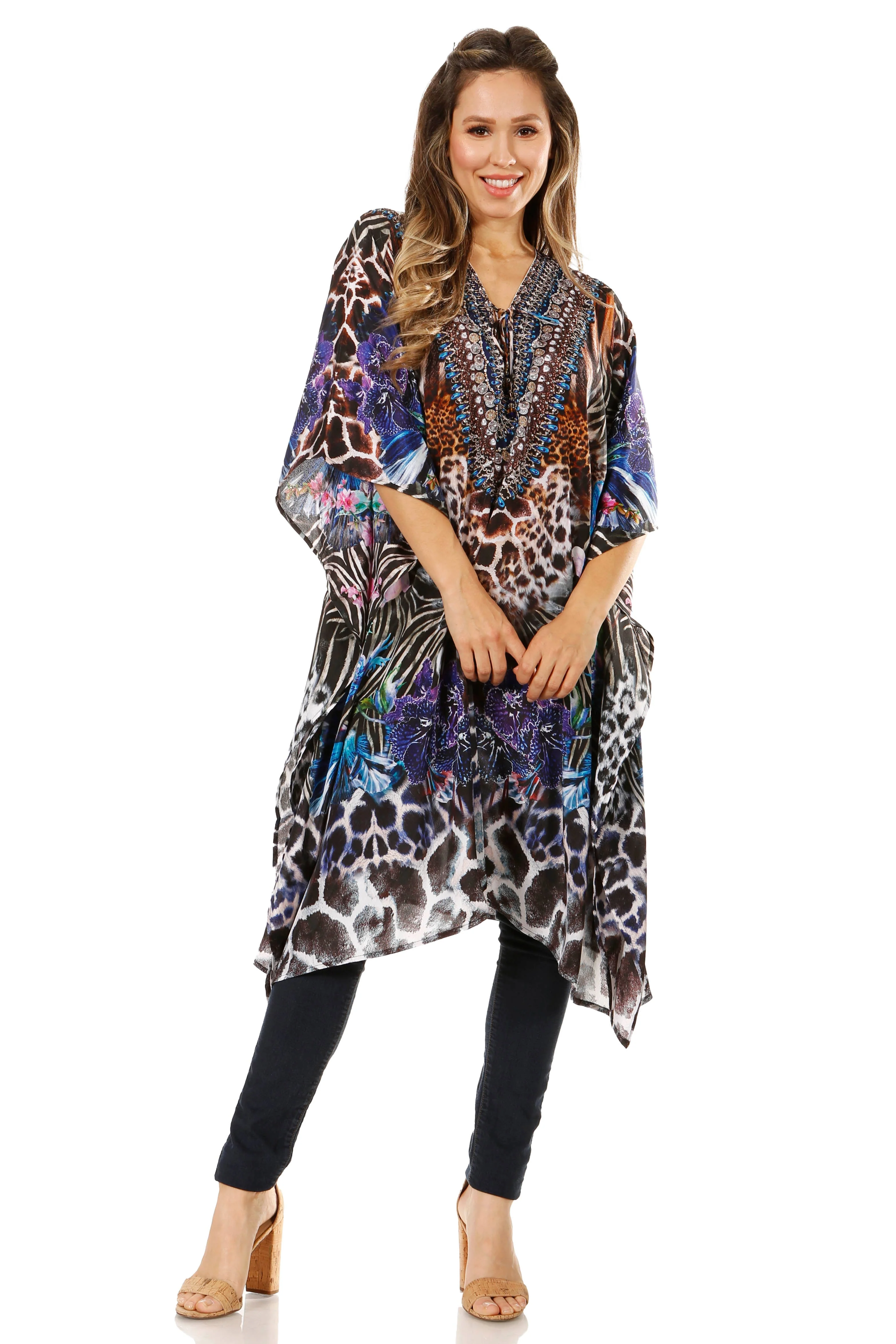 Sakkas Zeni Women's Short sleeve V-neck Summer Floral Print Caftan Dress Cover-up - Image 75
