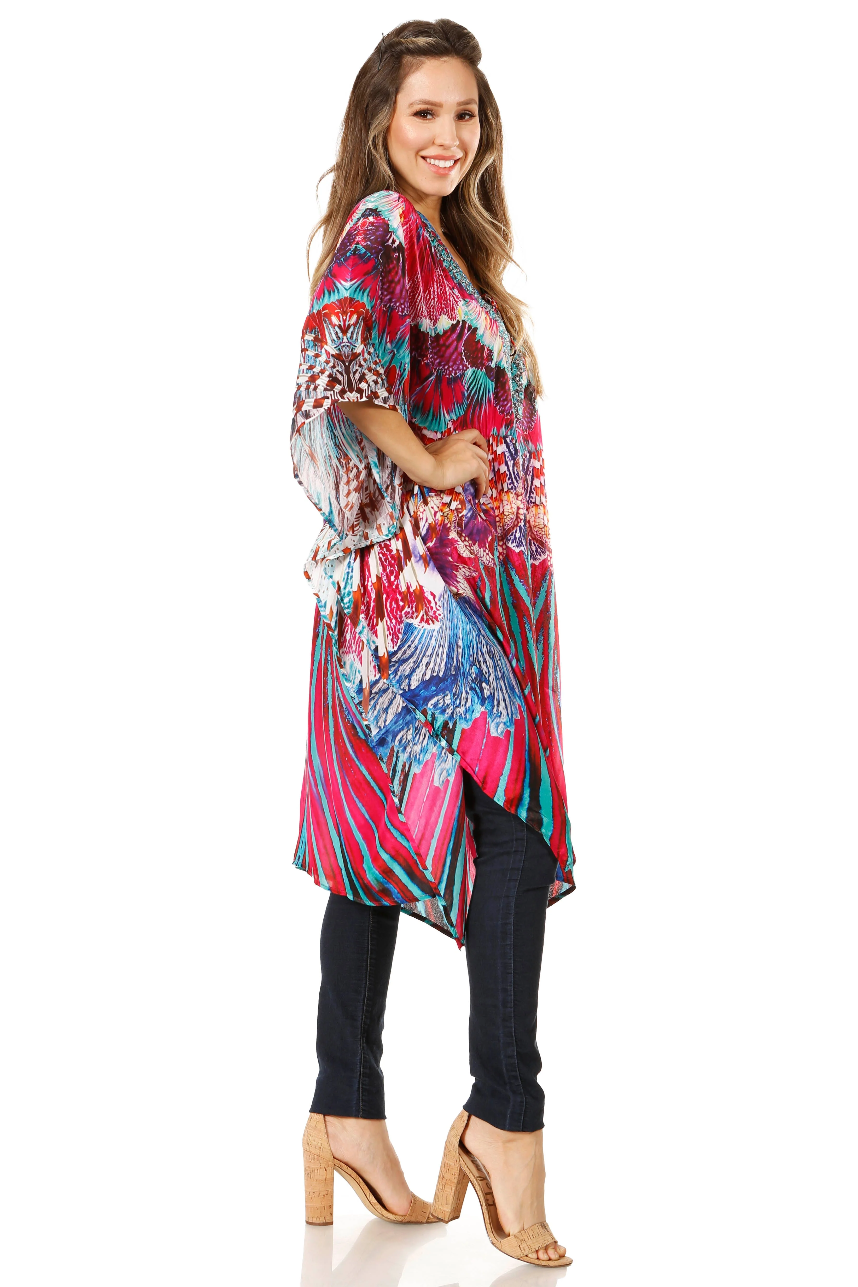 Sakkas Zeni Women's Short sleeve V-neck Summer Floral Print Caftan Dress Cover-up - Image 79