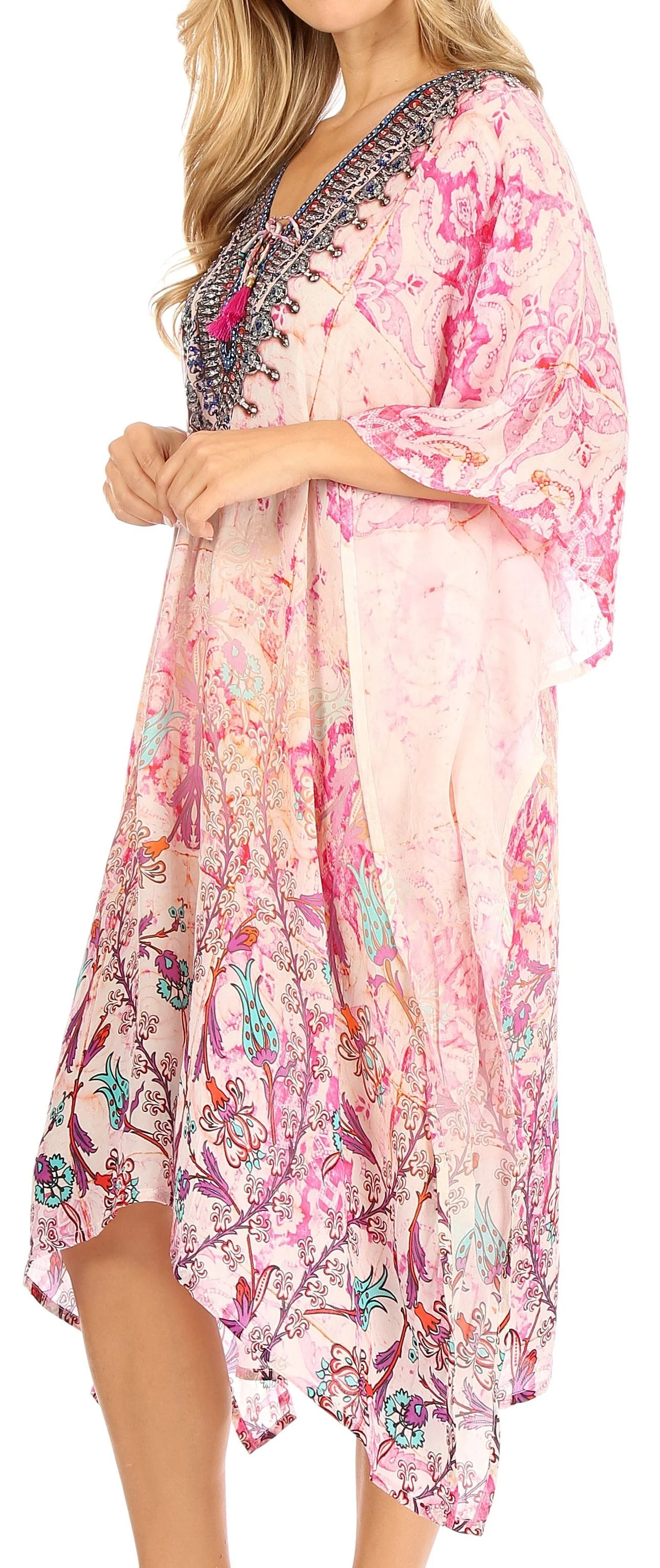 Sakkas Zeni Women's Short sleeve V-neck Summer Floral Print Caftan Dress Cover-up - Image 8