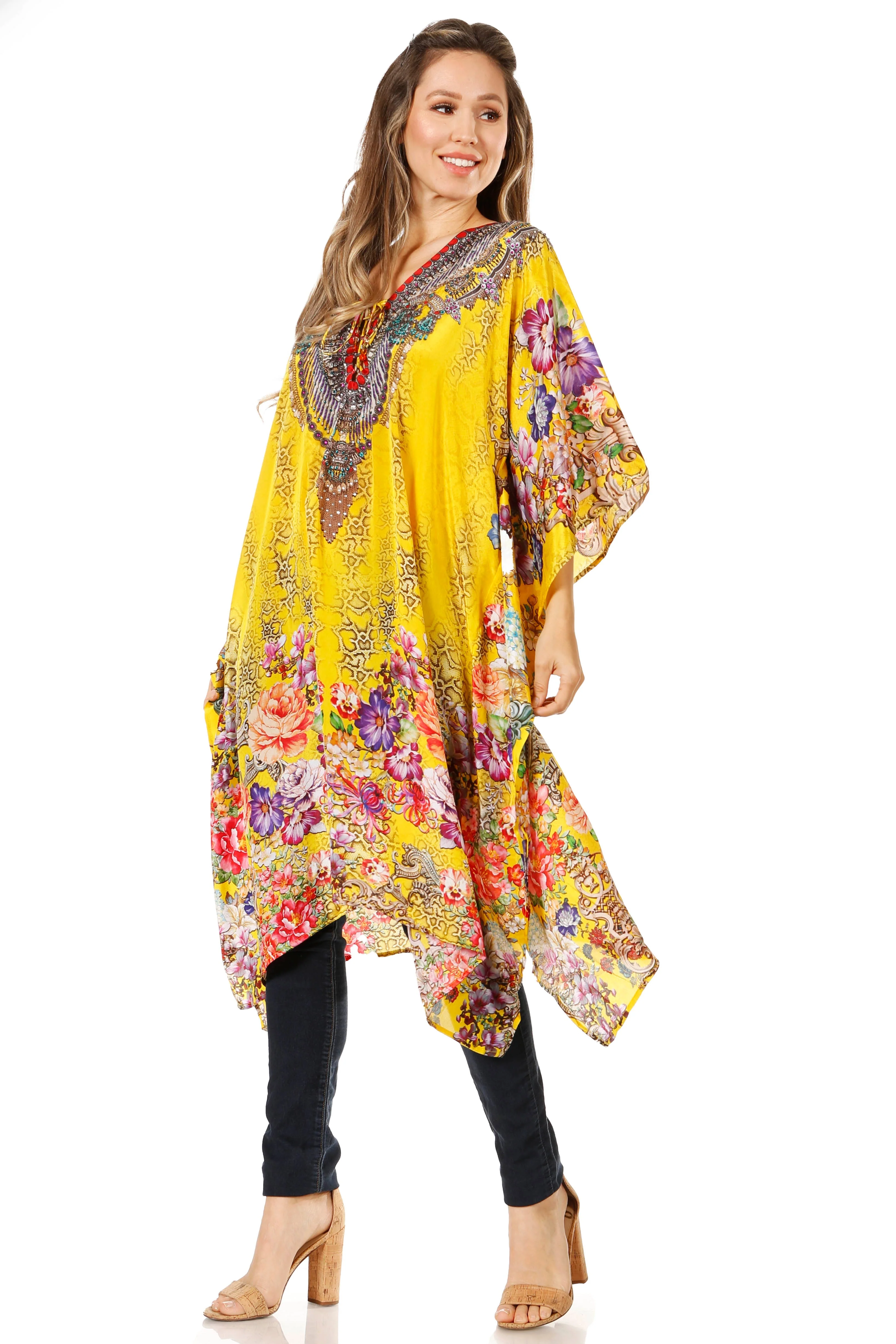 Sakkas Zeni Women's Short sleeve V-neck Summer Floral Print Caftan Dress Cover-up - Image 83