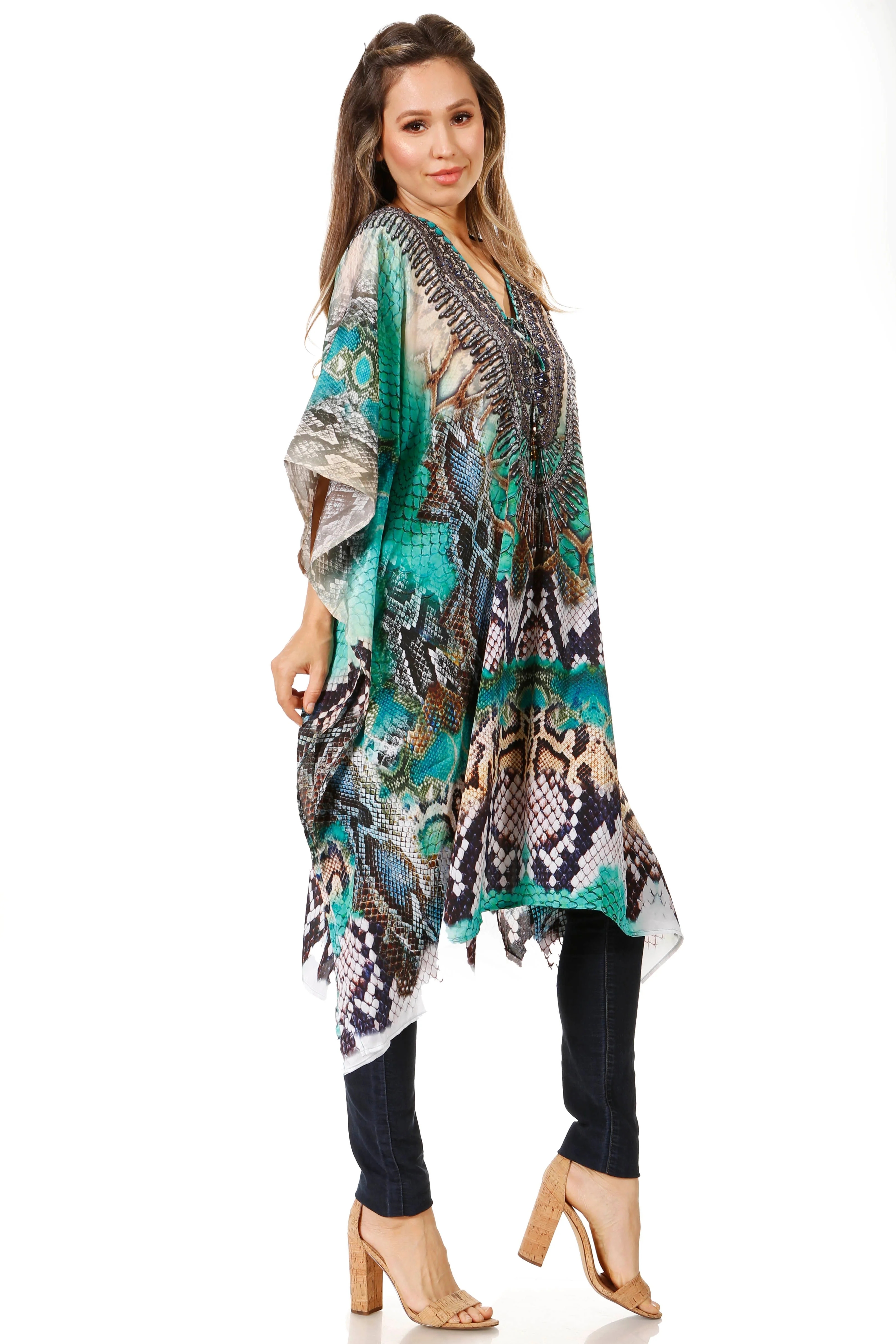 Sakkas Zeni Women's Short sleeve V-neck Summer Floral Print Caftan Dress Cover-up - Image 89