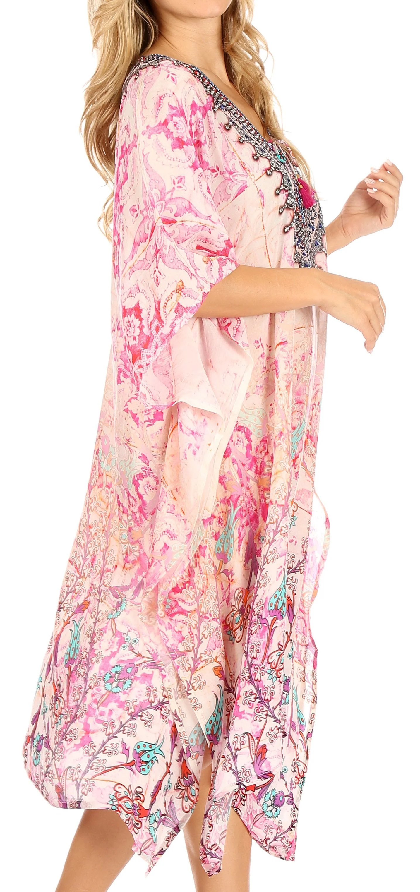 Sakkas Zeni Women's Short sleeve V-neck Summer Floral Print Caftan Dress Cover-up - Image 9