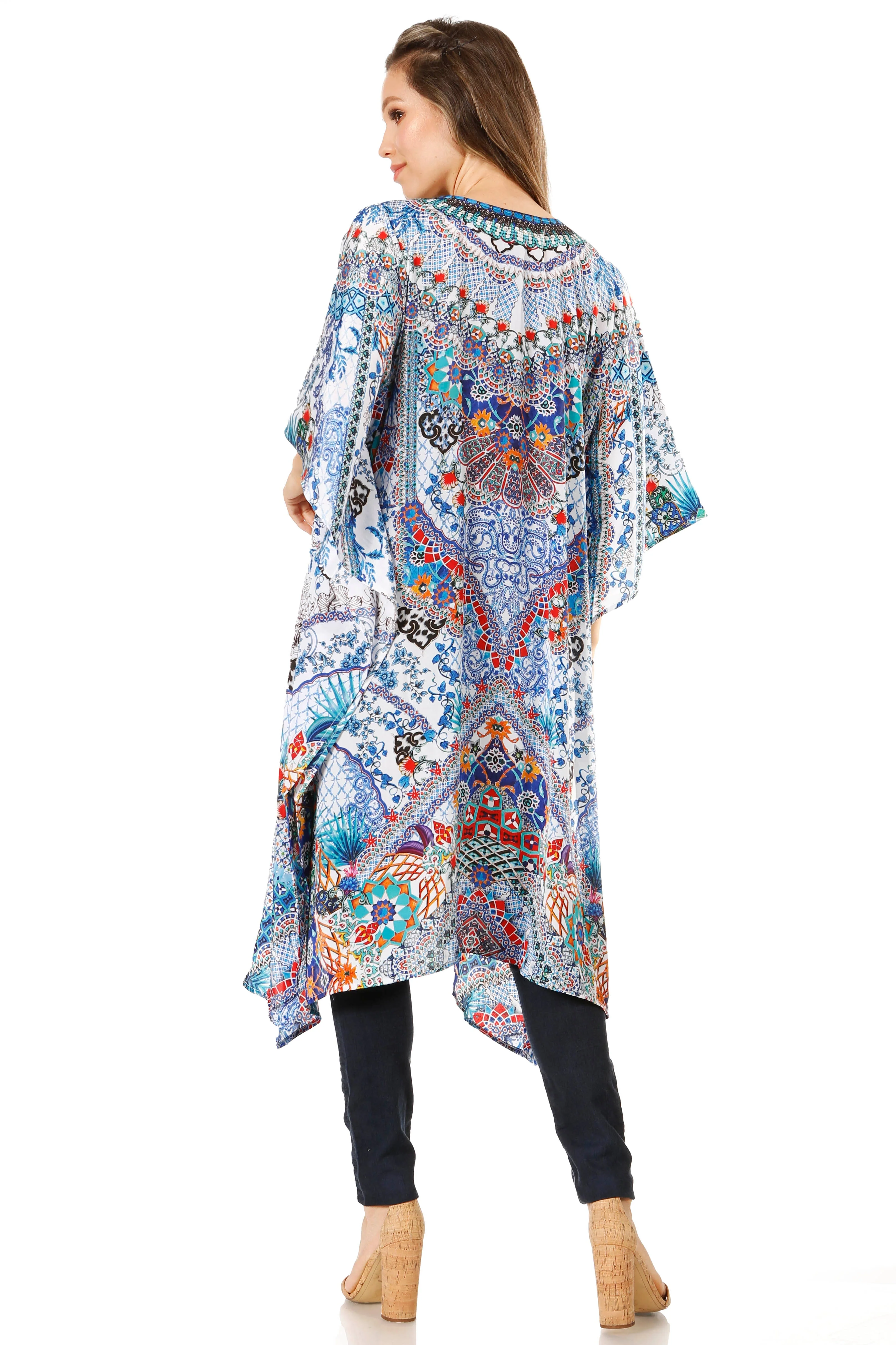 Sakkas Zeni Women's Short sleeve V-neck Summer Floral Print Caftan Dress Cover-up - Image 92