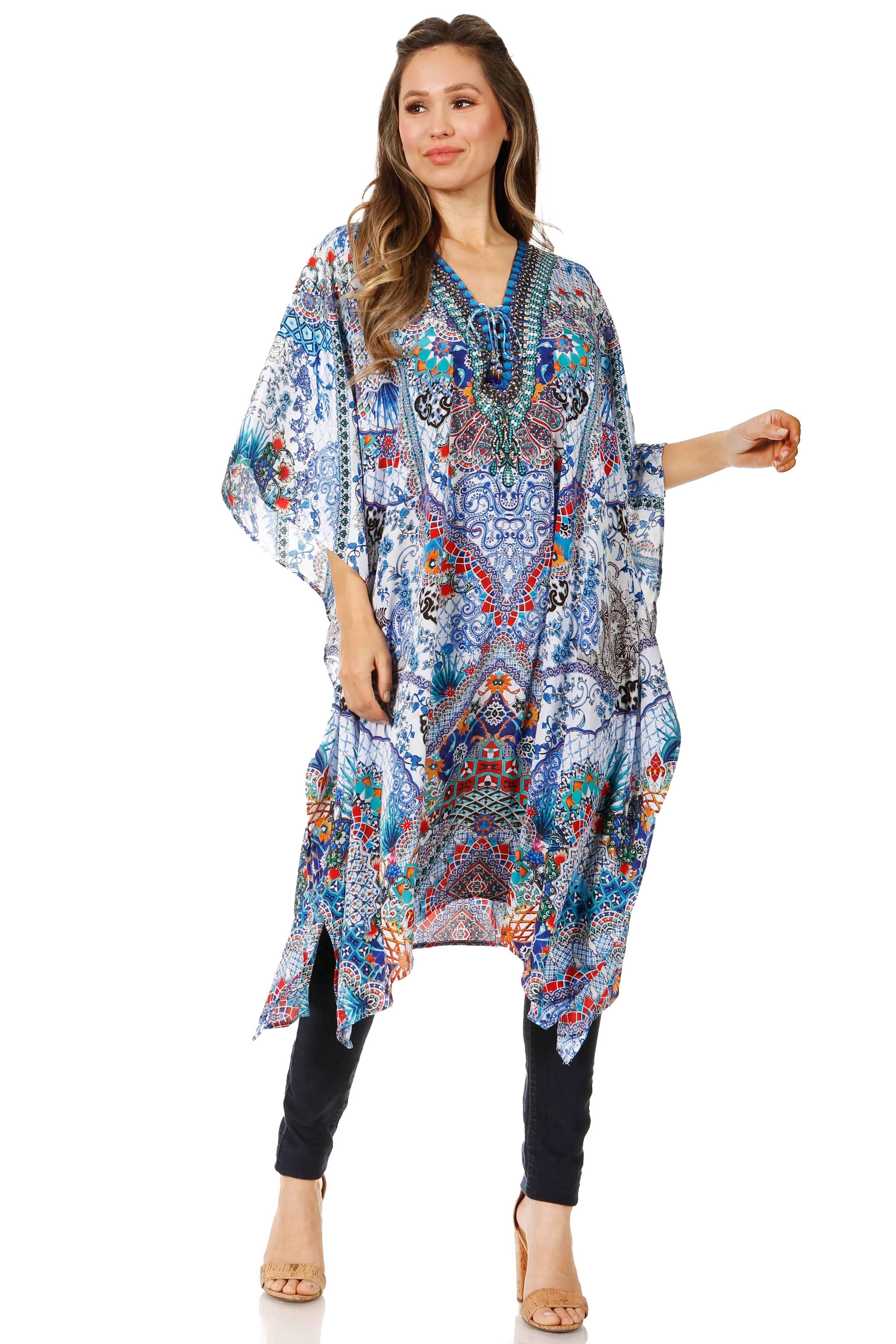 Sakkas Zeni Women's Short sleeve V-neck Summer Floral Print Caftan Dress Cover-up - Image 95