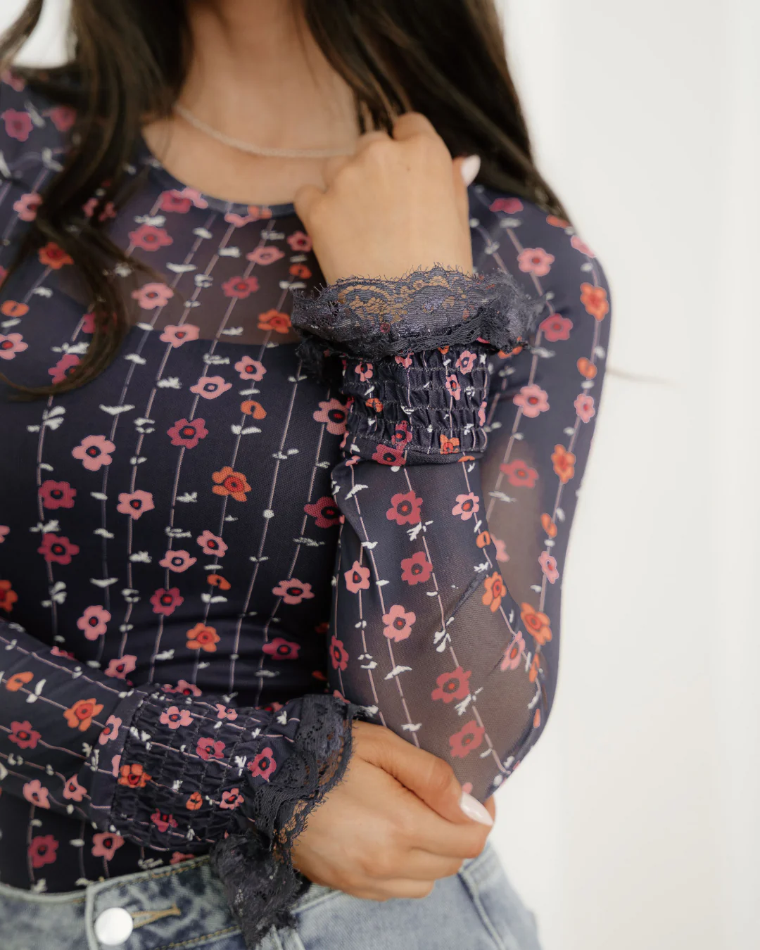 Samantha Floral Print Smocked Cuff Slim Fit Mesh Bodysuit - Image 3