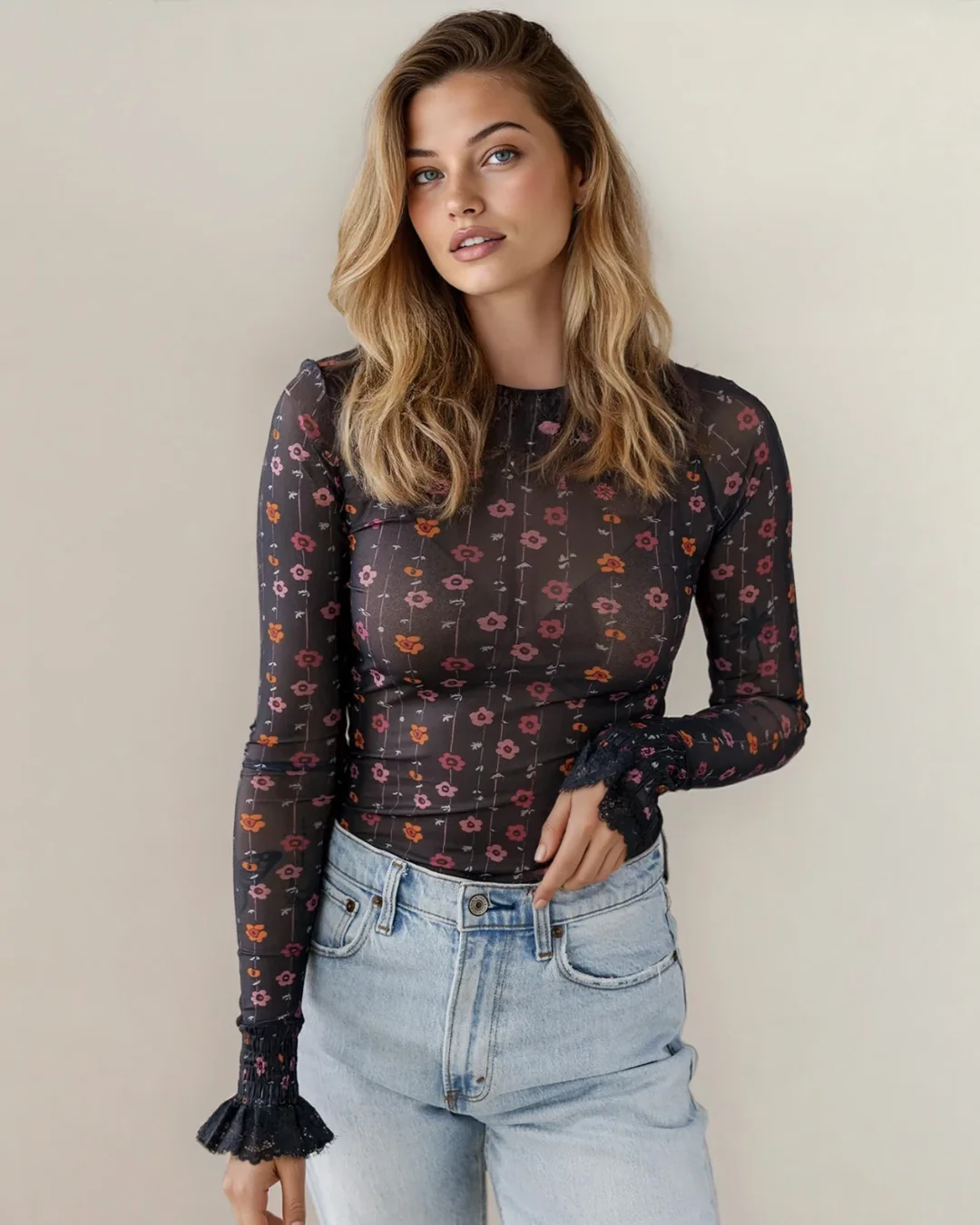 Samantha Floral Print Smocked Cuff Slim Fit Mesh Bodysuit - Image 8