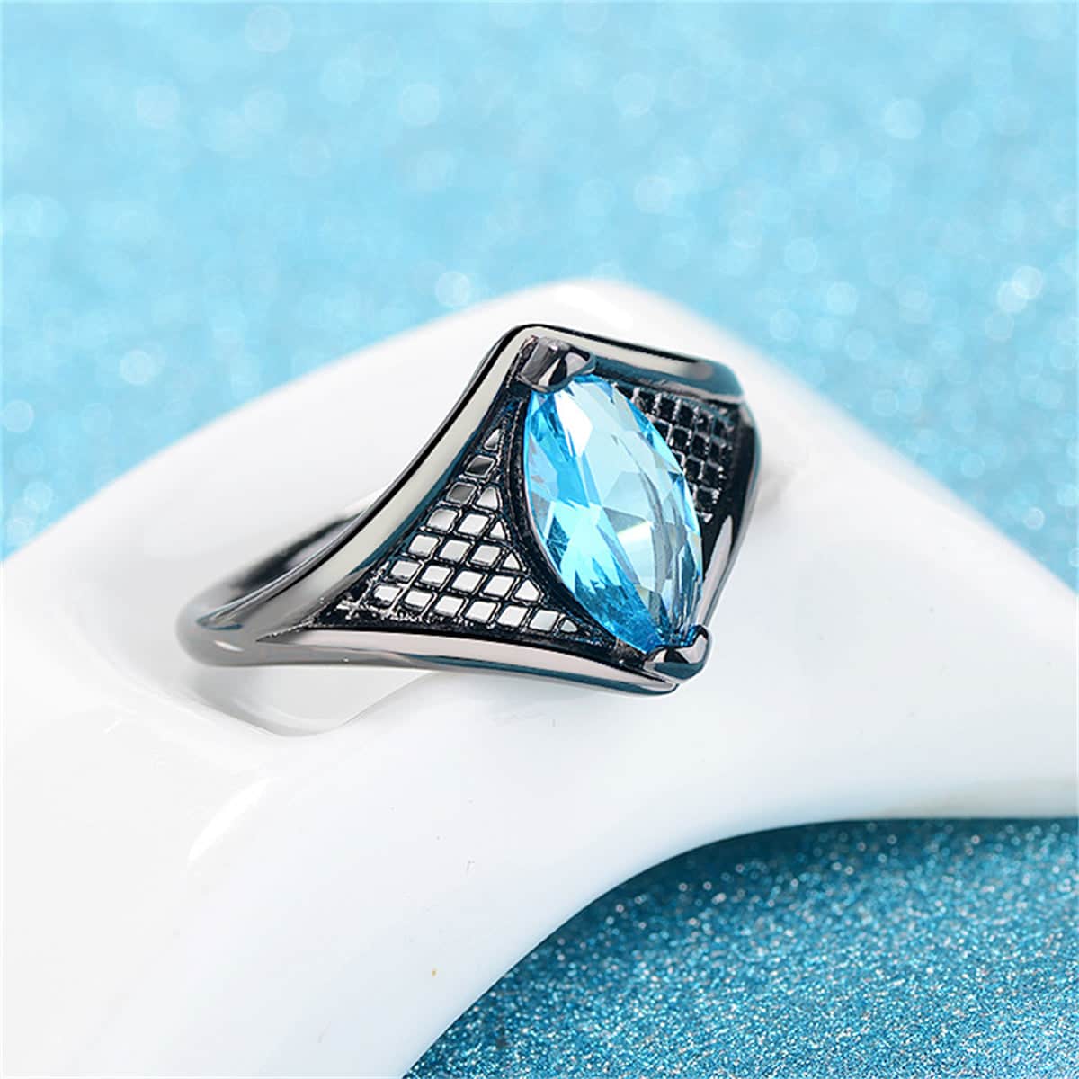 Sea Blue Crystal Black-Tone Marquise Web Ring - Image 3