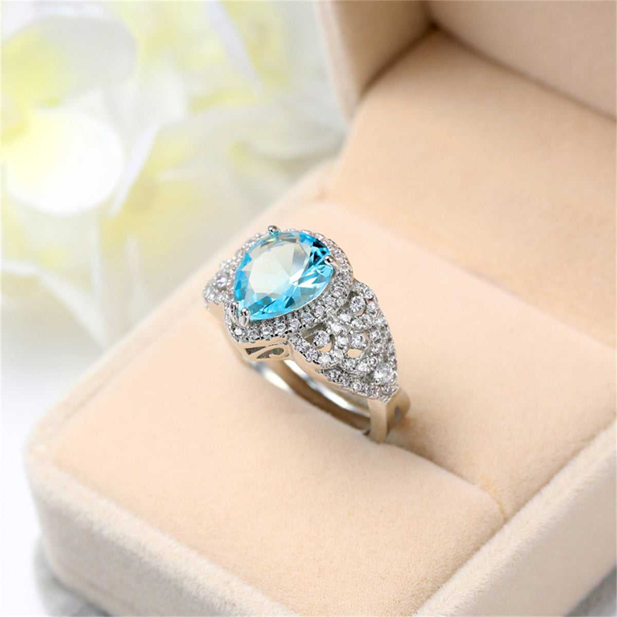 Sea Blue Crystal & Cubic Zirconia Teardrop-Cut Ring - Image 3