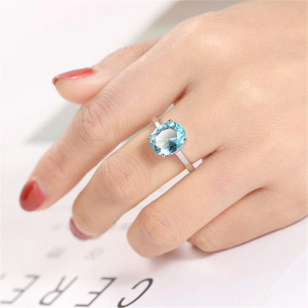 Sea Blue Crystal & Silvertone Oval-Cut Solitaire Ring - Image 3