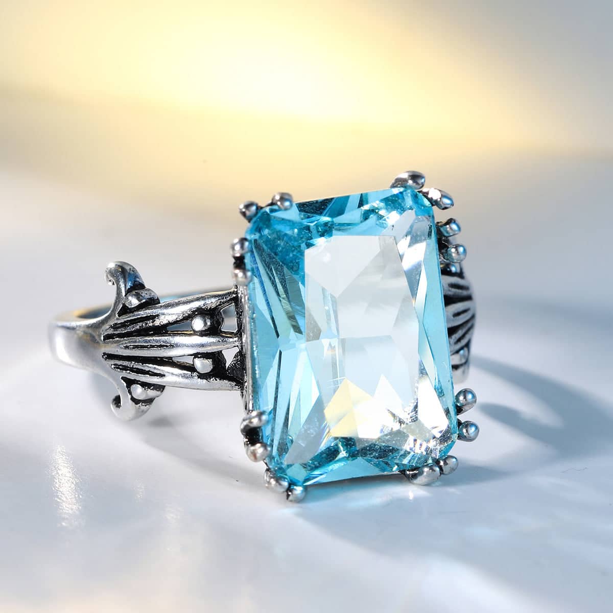 Sea Blue Crystal & Silvertone Oxidized Radiant-Cut Ring - Image 4