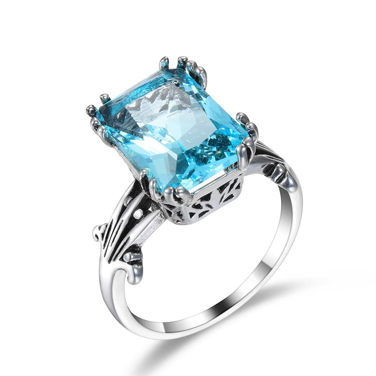 Sea Blue Crystal & Silvertone Oxidized Radiant-Cut Ring - Image 5