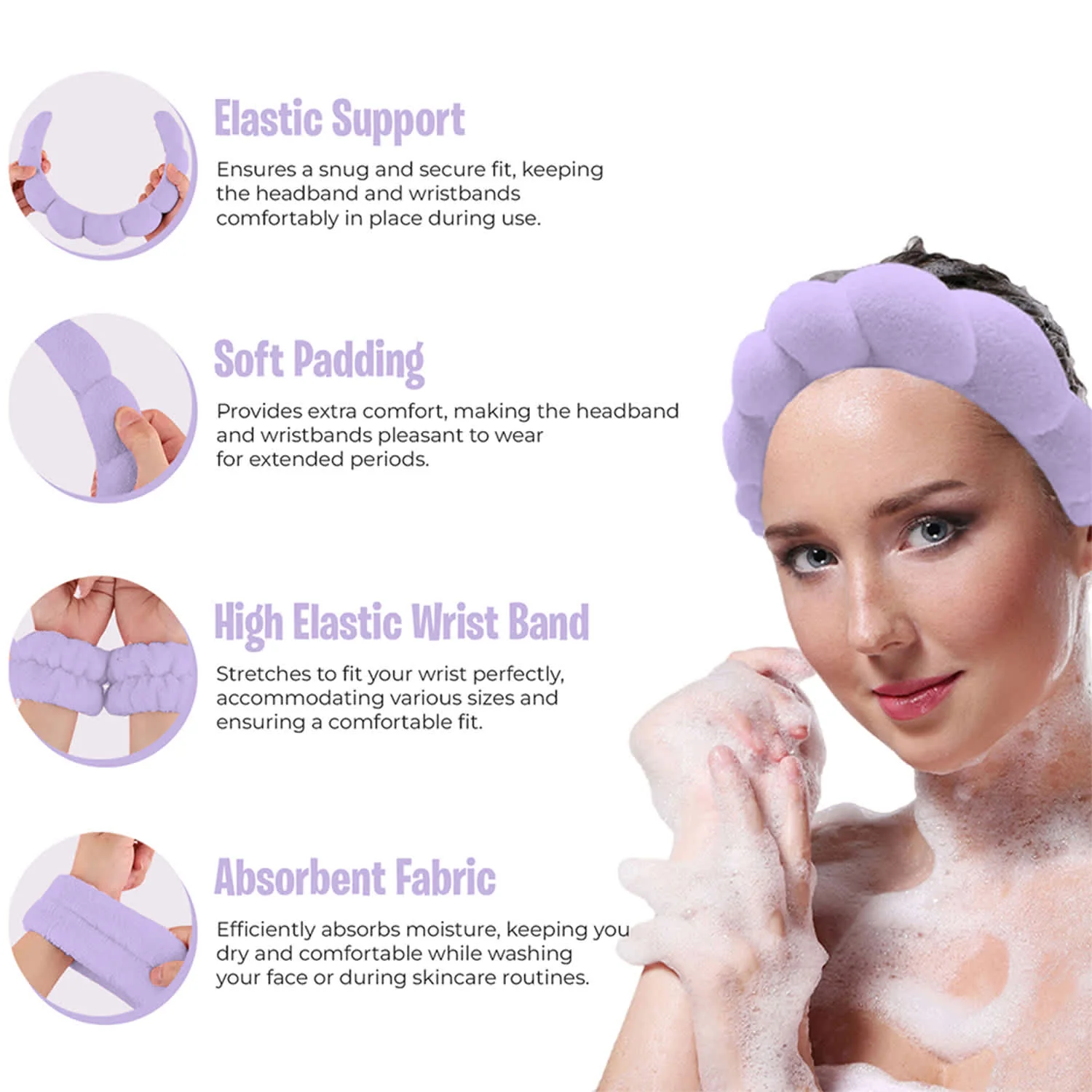 Seeboo 3-Pack: Non Slip Bubble Spa Headband Wear for Washing Face Makeup Skincare with Wristbands - Image 6