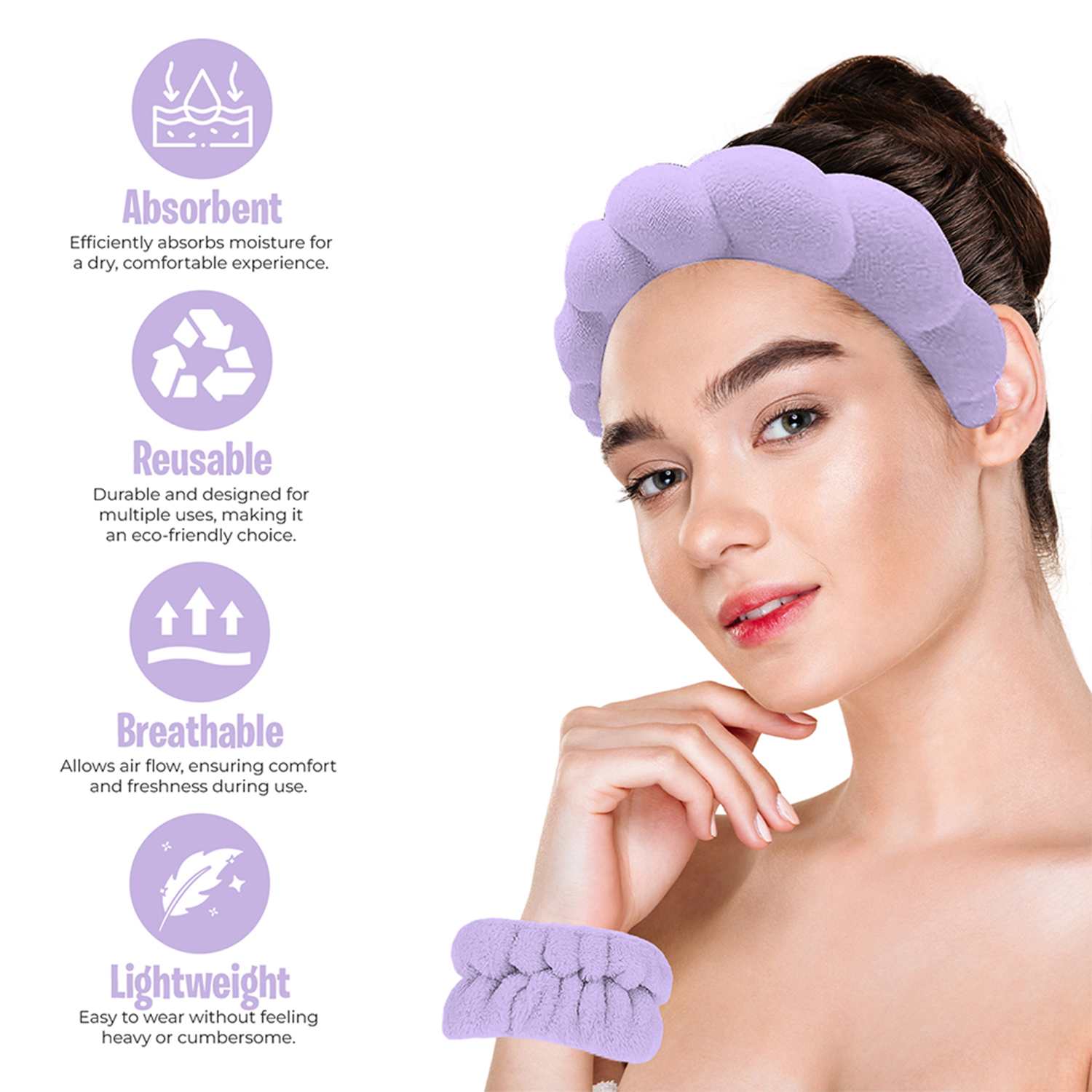 Seeboo 3-Pack: Non Slip Bubble Spa Headband Wear for Washing Face Makeup Skincare with Wristbands - Image 7