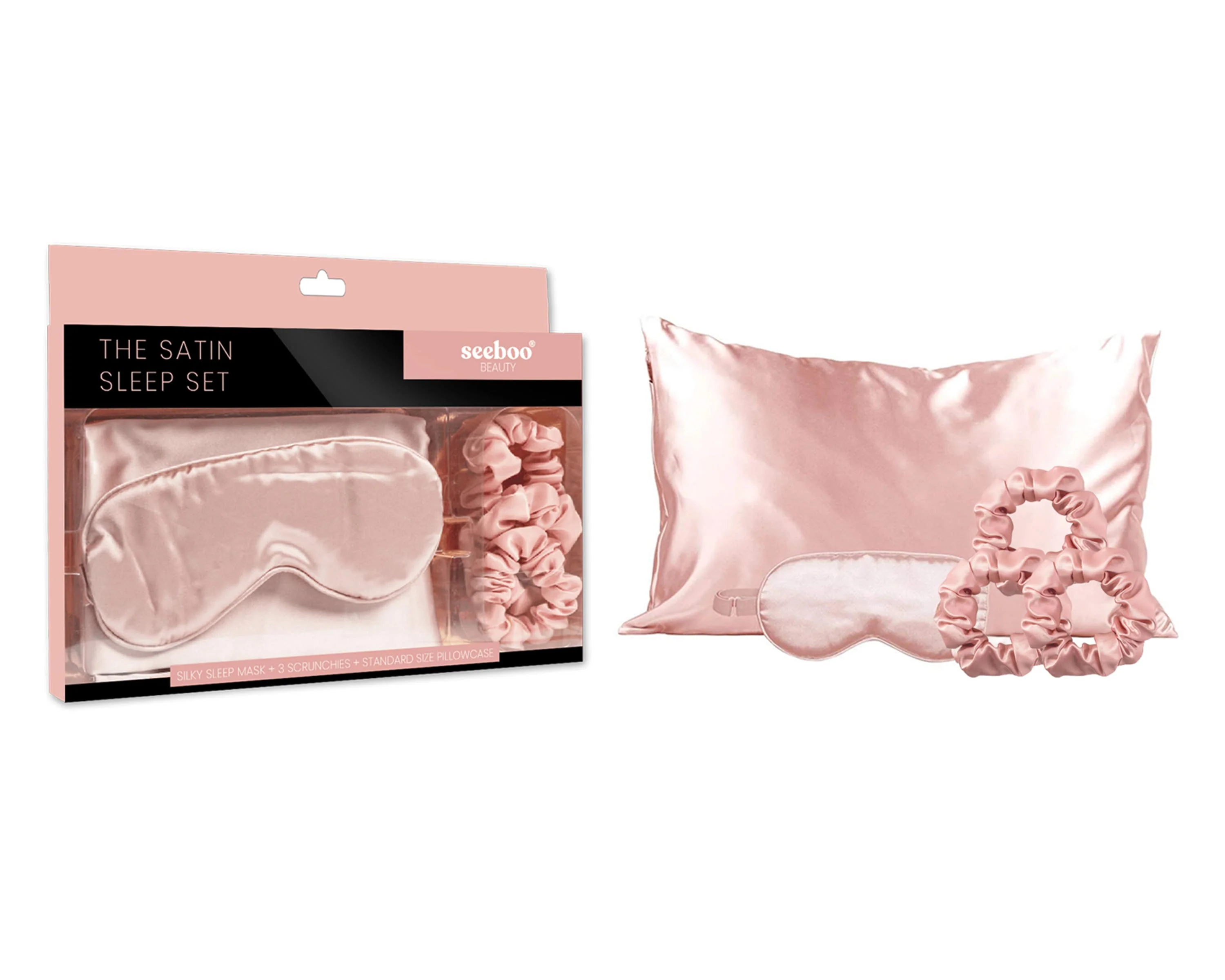 Seeboo 5-Piece: Silky Satin Cozy Comfortable Blush Sleep Set for Peaceful Sleep and Healthy Skin