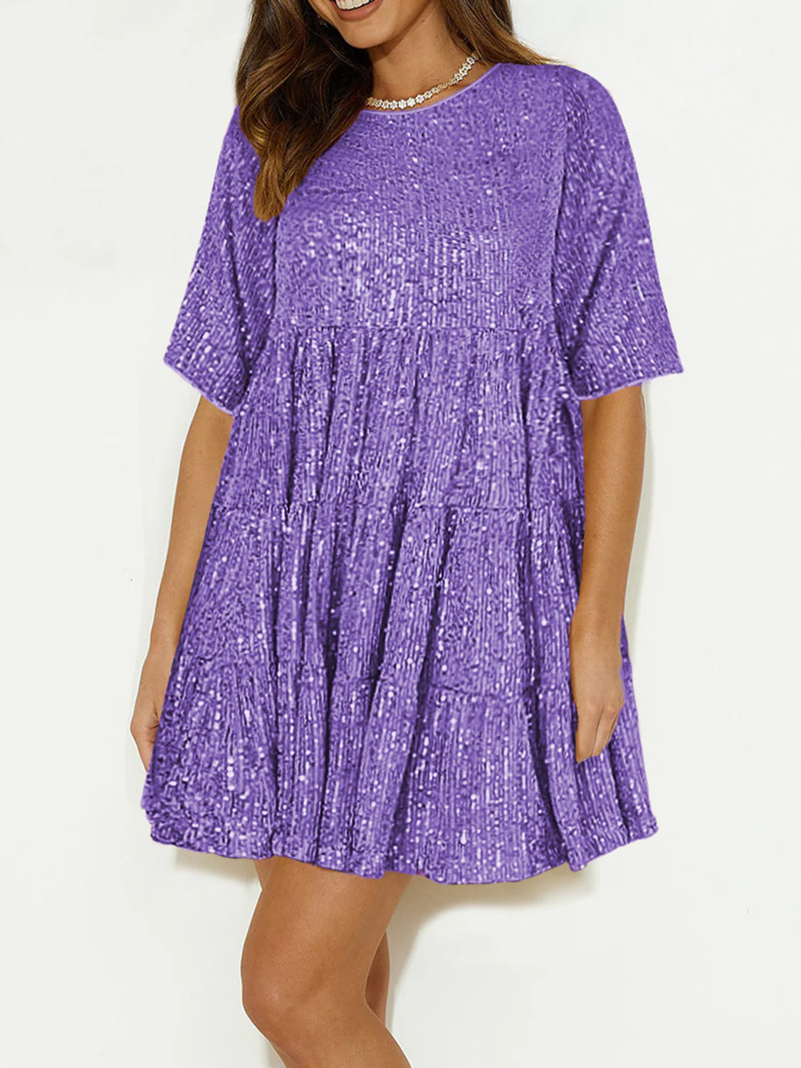 Sequin Round Neck Half Sleeve Mini Dress - Image 13