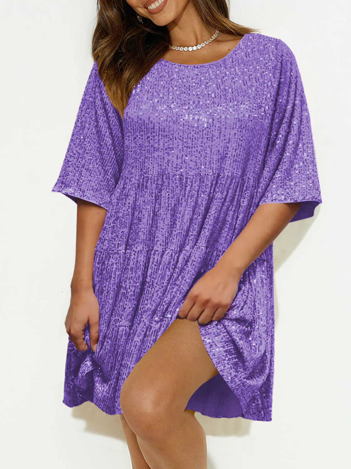 Sequin Round Neck Half Sleeve Mini Dress - Image 14