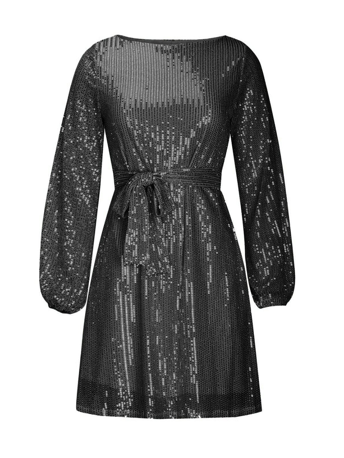 Sequin Tie Waist Long Sleeve Mini Dress - Image 12