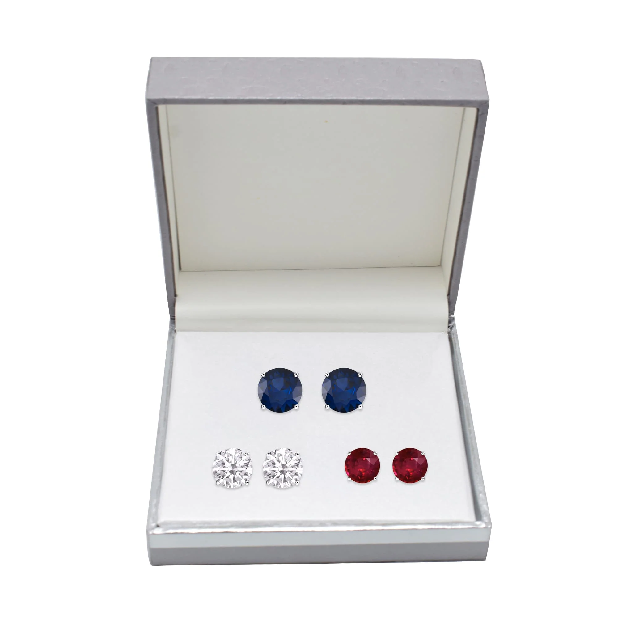 Set of Three Sterling Silver with Ruby, Moissanite and Blue Sapphire Stud Earrings - Image 3