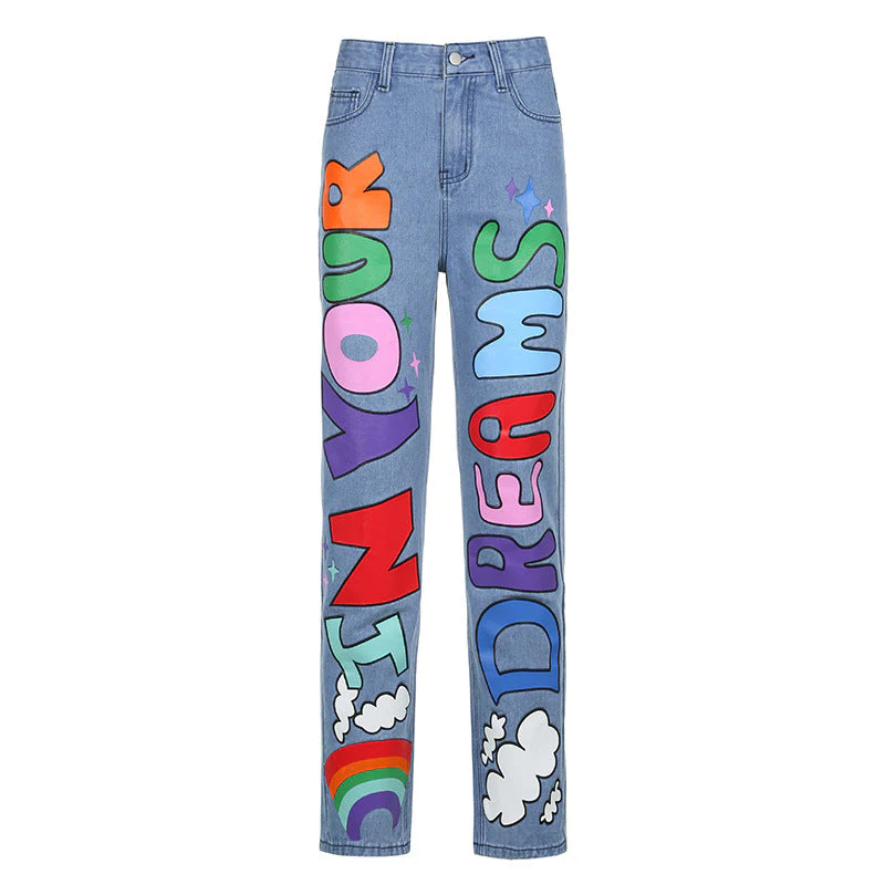 Sexy Contrast Color Letters Graffiti Print Loose Jeans - Image 5