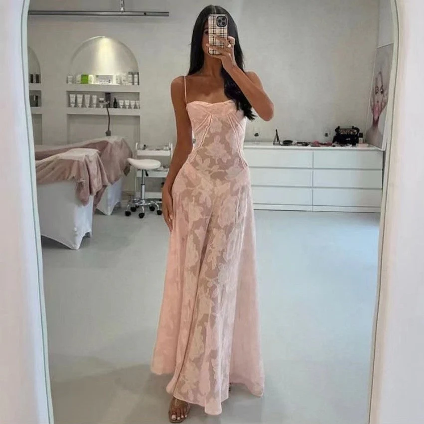 Sexy Flowers Lace Suspender Dress Summer Fashion Slim Back Lace-up Long Dresses Party Evening Club Clothing For Women - Image 8