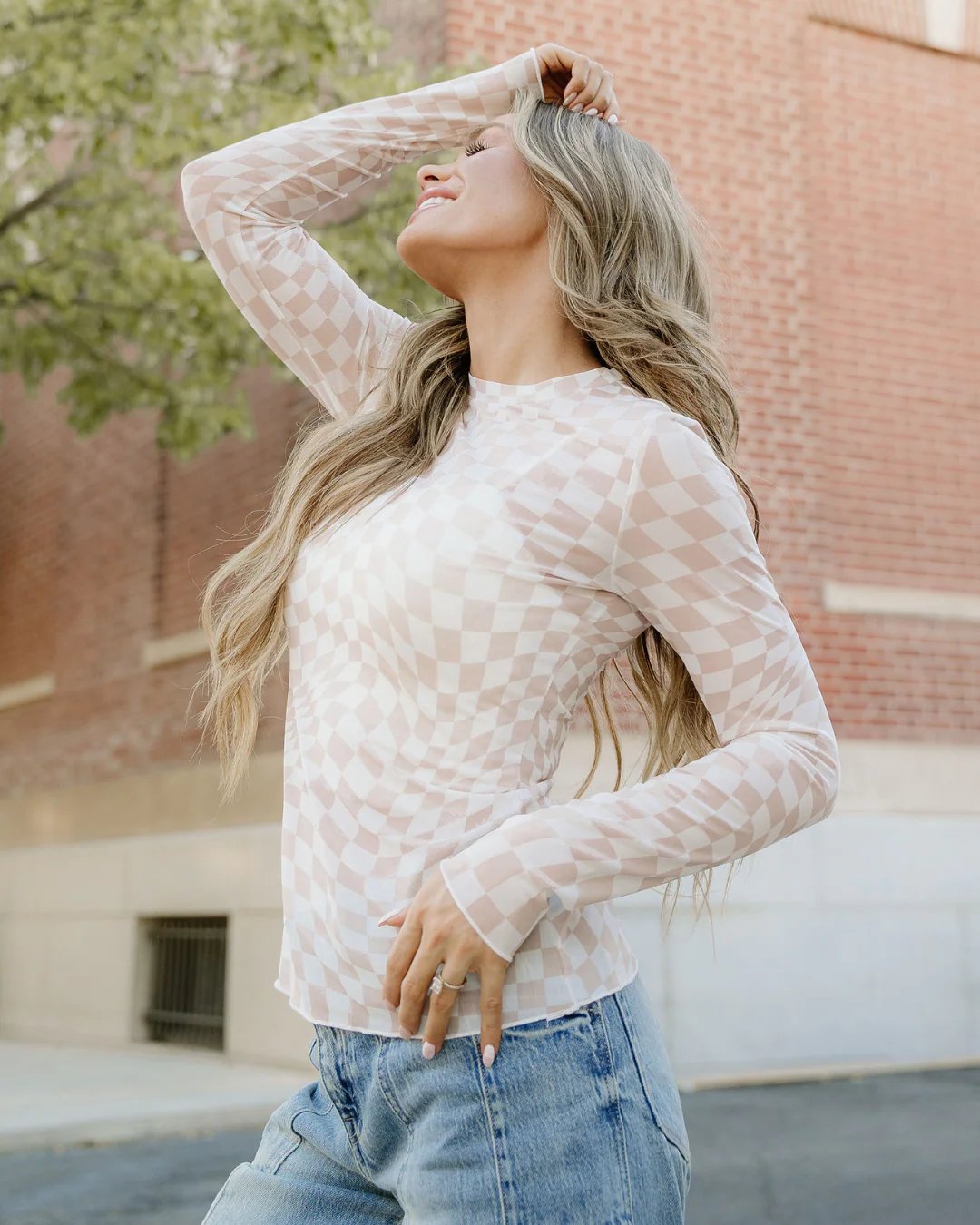 Sheer Checkered Top - Khaki - Image 2