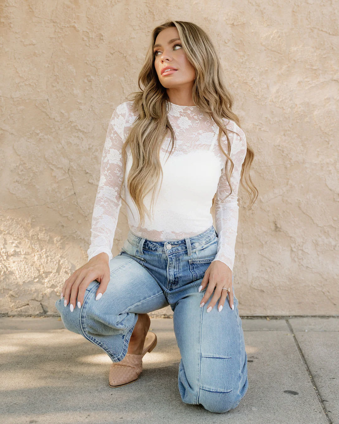 Sheer Floral Lace Top - White - Image 2