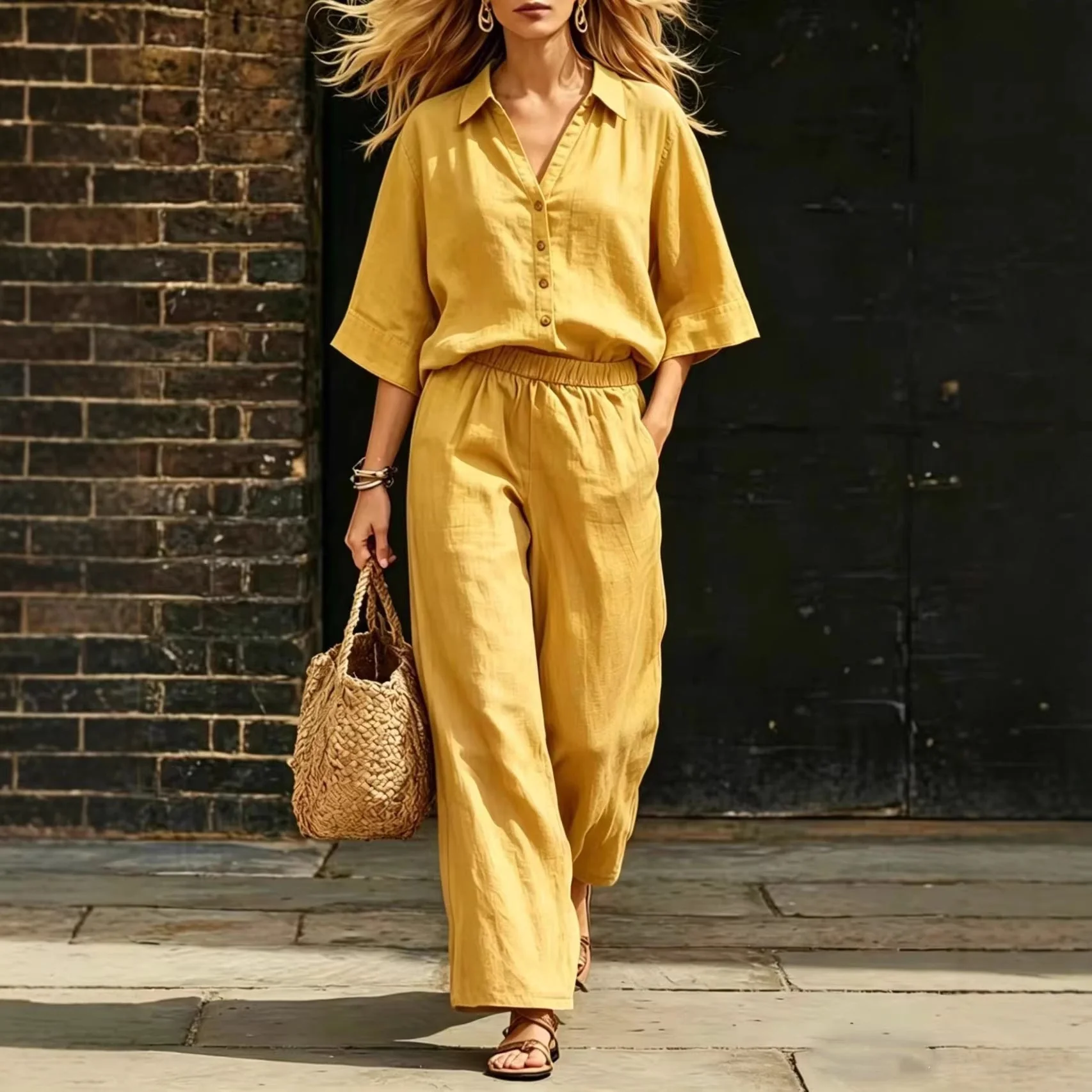 Short-Sleeve Shirt & Loose Pants Set – Casual Two-Piece - Image 3