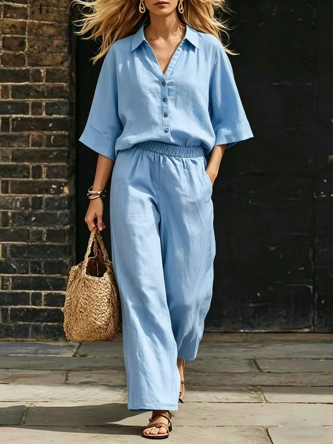 Short-Sleeve Shirt & Loose Pants Set – Casual Two-Piece - Image 6