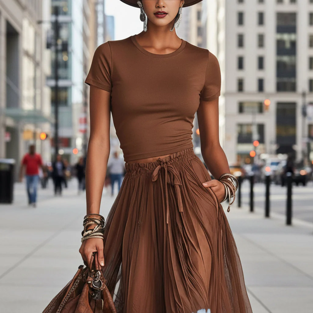 Short-Sleeve Top and Lace-Panel Midi Skirt Set - Image 2
