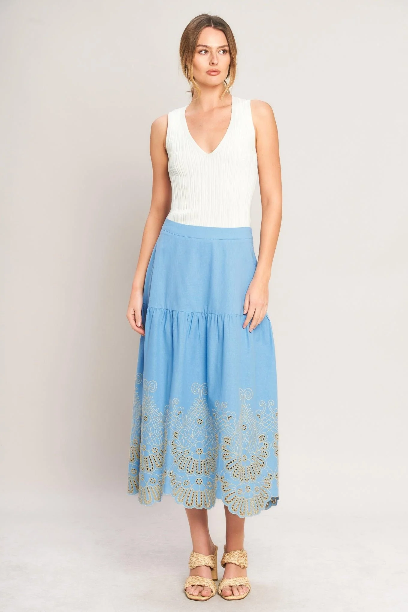 Sky Bloom Woven Eyelet Midi Skirt - Image 4