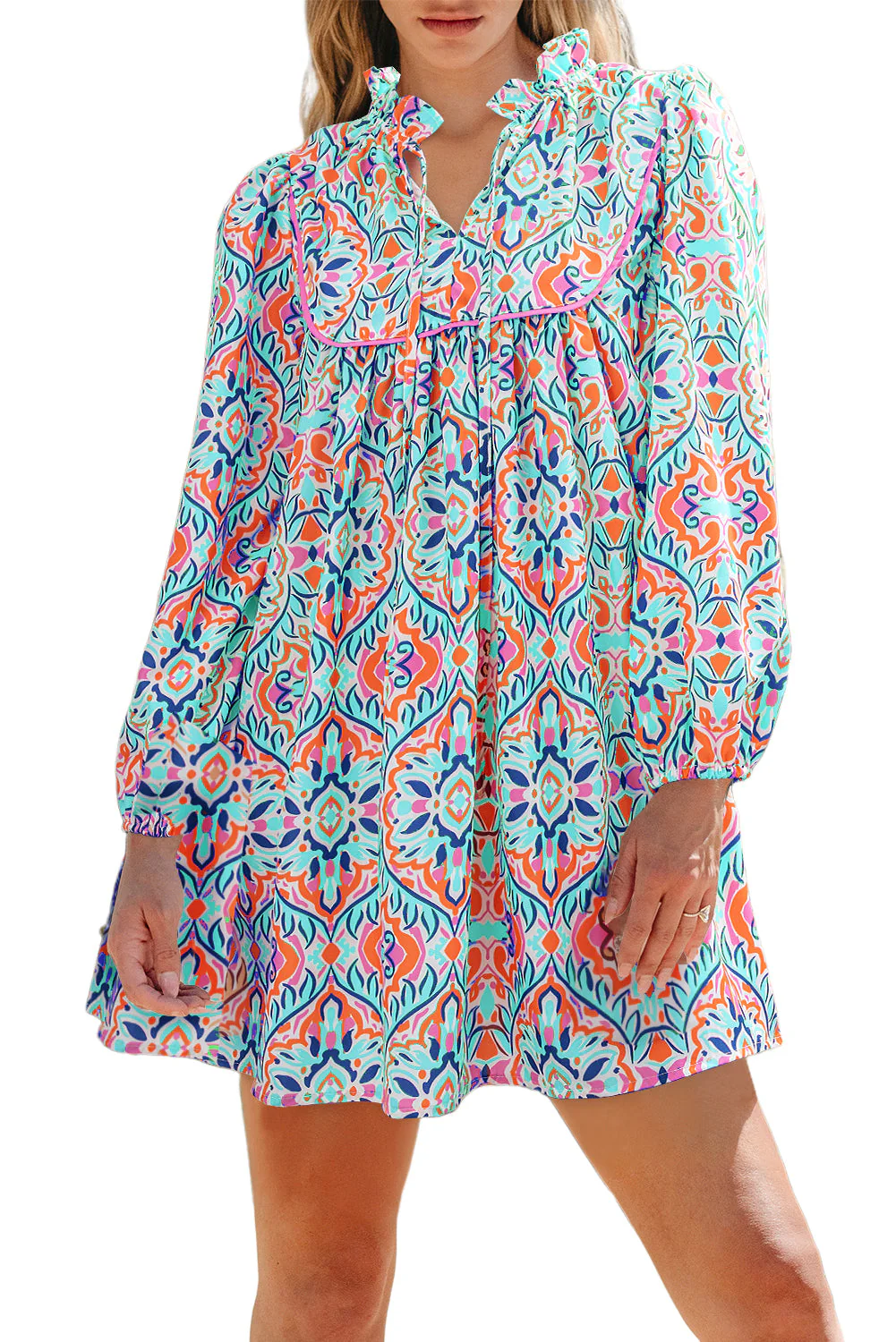 Sky Blue Abstract Printed Long Sleeve Tied Neckline Mini Dress - Image 3