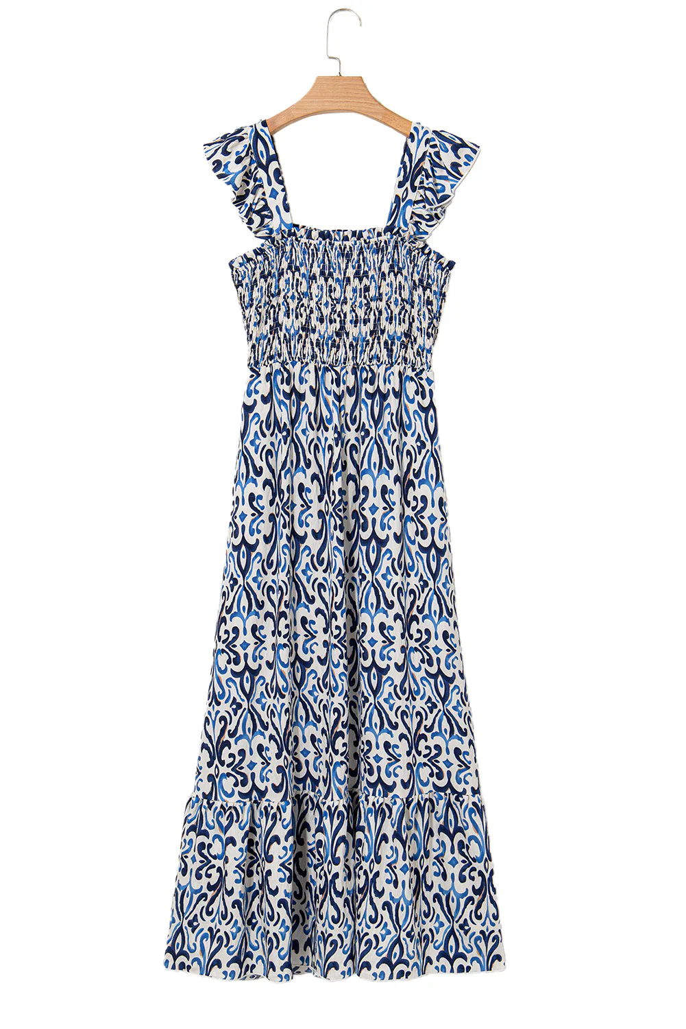 Sky Blue Boho Print Smocked High Waist Maxi Dress - Image 18