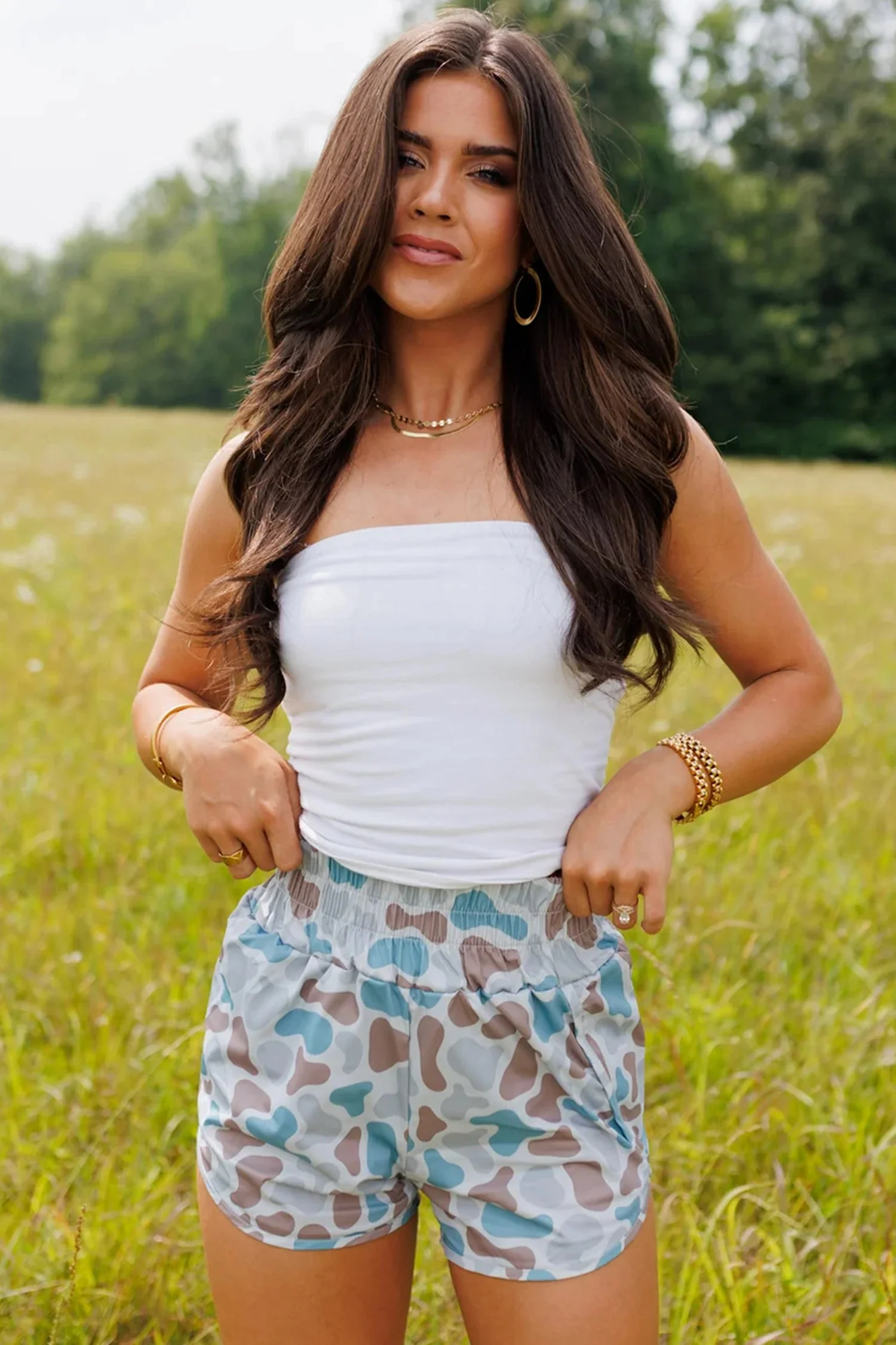Sky Blue Camouflage Print Shirred High Waist Athleisure Shorts - Image 10