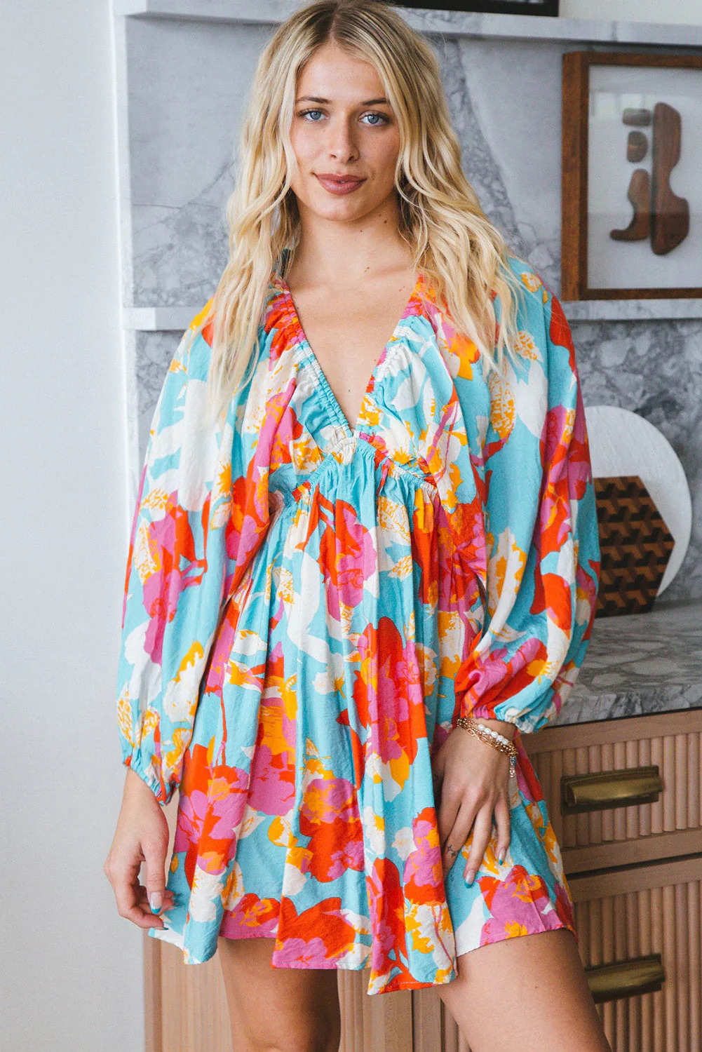 Sky Blue Floral Bracelet Sleeve Empire Waist Mini Dress - Image 5