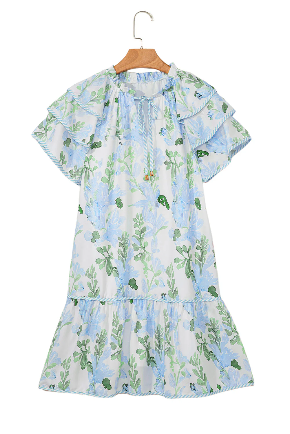 Sky Blue Floral Contrast Edge Layered Short Sleeve Mini Dress - Image 29
