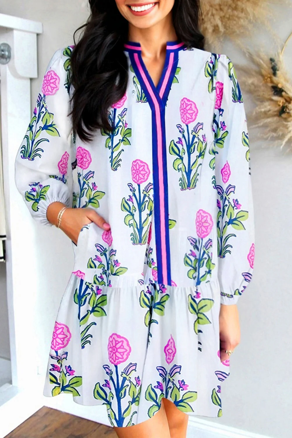 Sky Blue Floral Print Contrast Striped Trim Notched Neck Long Sleeve Dress - Image 4