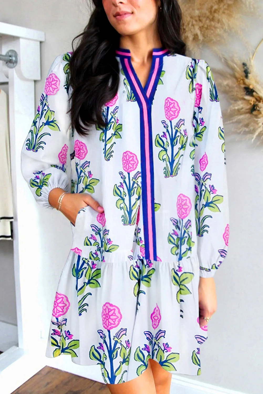 Sky Blue Floral Print Contrast Striped Trim Notched Neck Long Sleeve Dress - Image 5