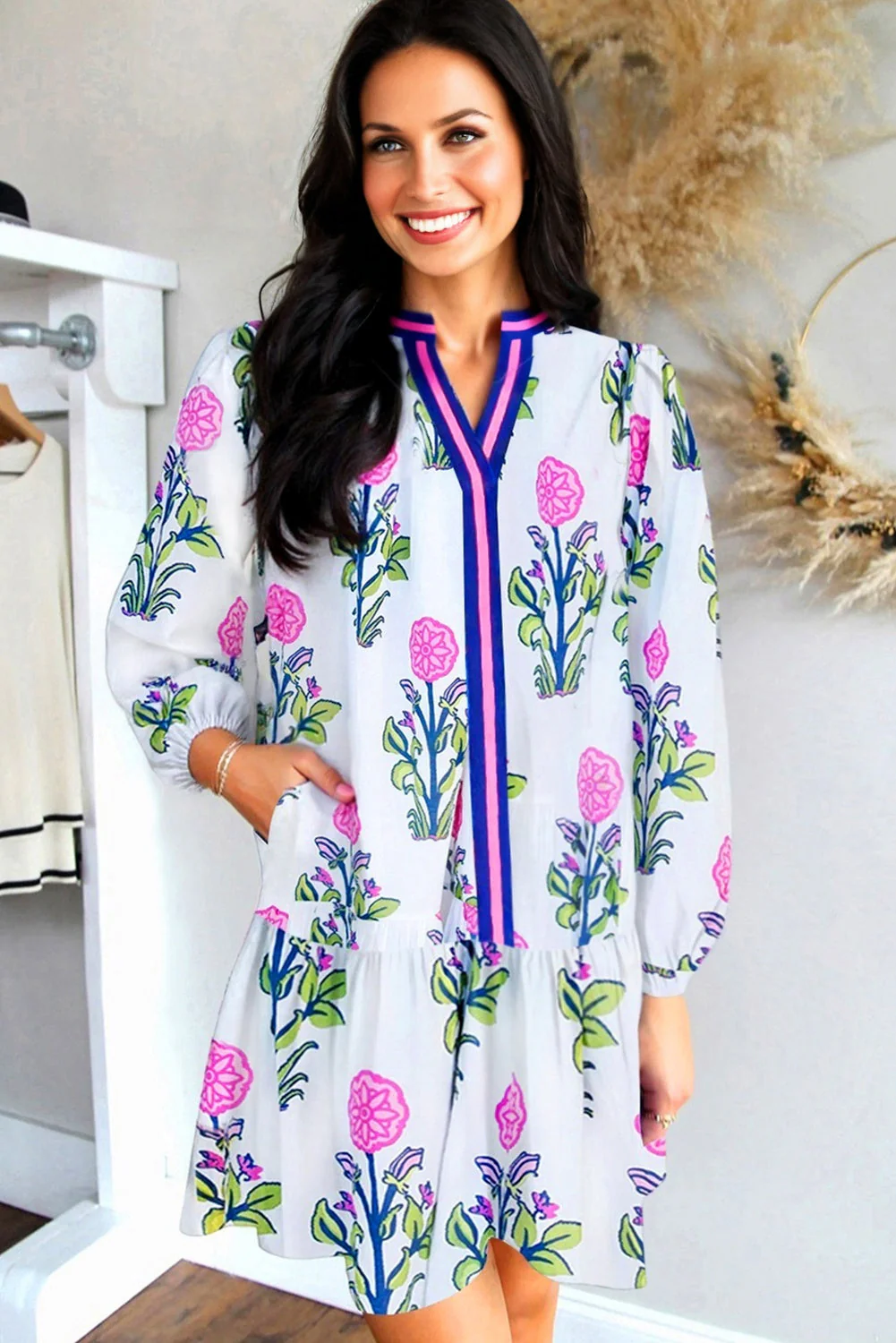Sky Blue Floral Print Contrast Striped Trim Notched Neck Long Sleeve Dress - Image 6