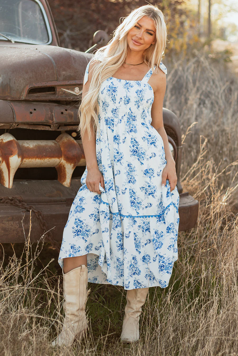Sky Blue Floral Print Shirred Knot Shoulder Sleeveless Long Dress - Image 15