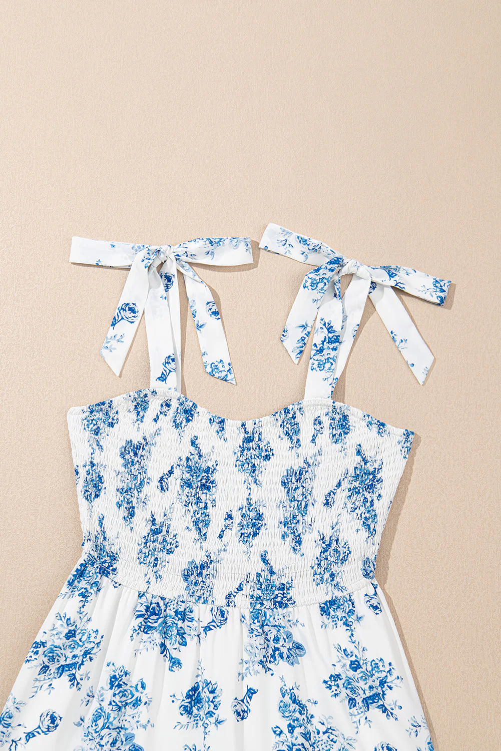 Sky Blue Floral Print Shirred Knot Shoulder Sleeveless Long Dress - Image 5
