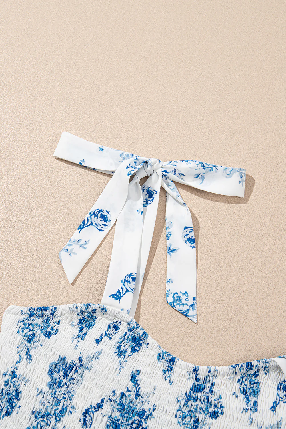 Sky Blue Floral Print Shirred Knot Shoulder Sleeveless Long Dress - Image 6