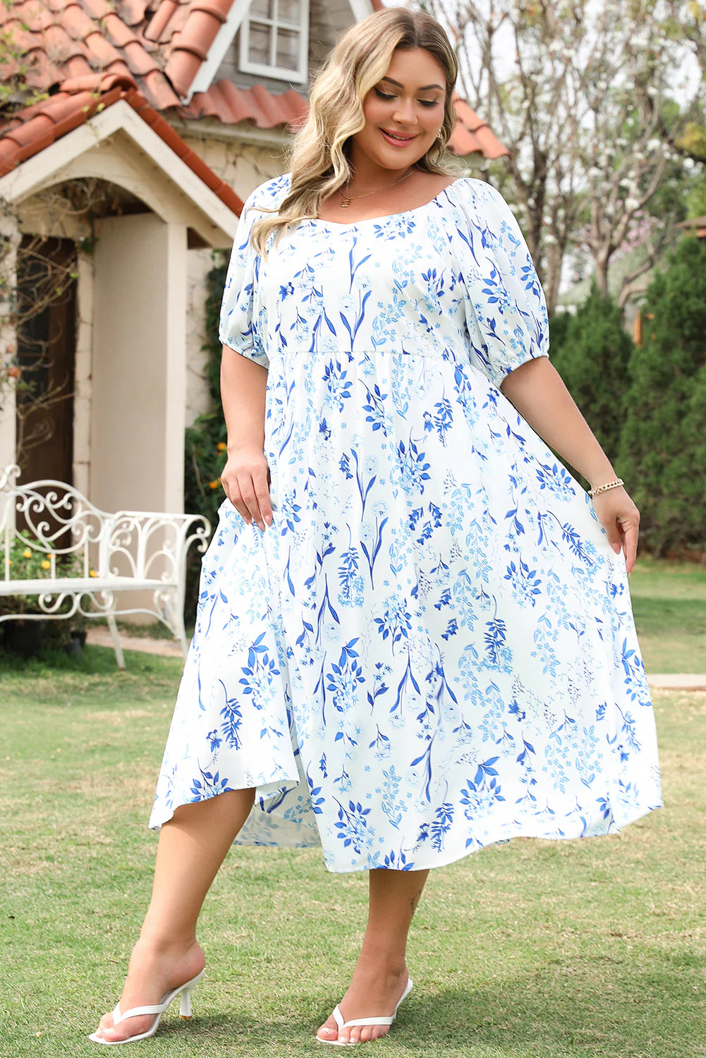 Sky Blue Floral Print Sweetheart Neck Plus Size Midi Dress - Image 3