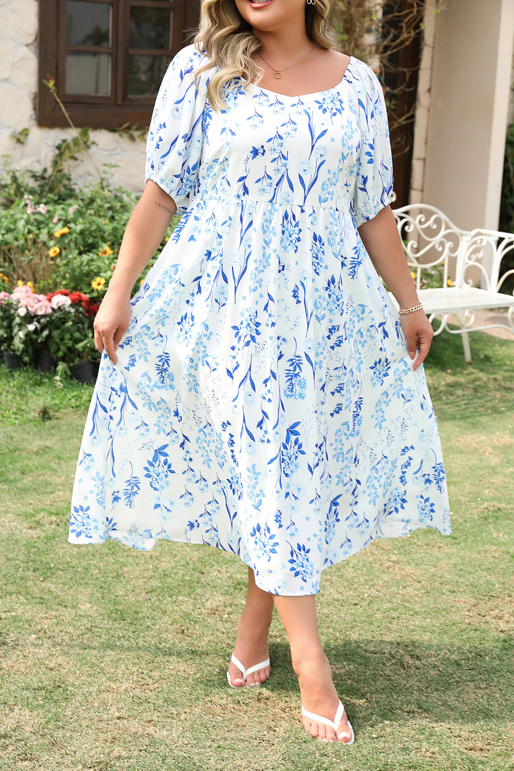Sky Blue Floral Print Sweetheart Neck Plus Size Midi Dress - Image 8