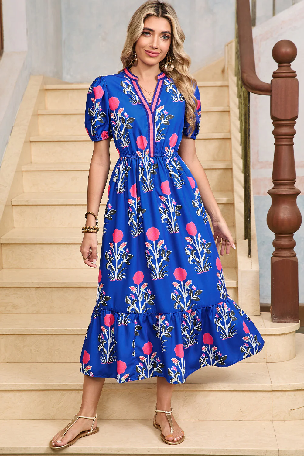 Sky Blue Floral Ruffle Hem Pop of Color Neckline Dress - Image 4
