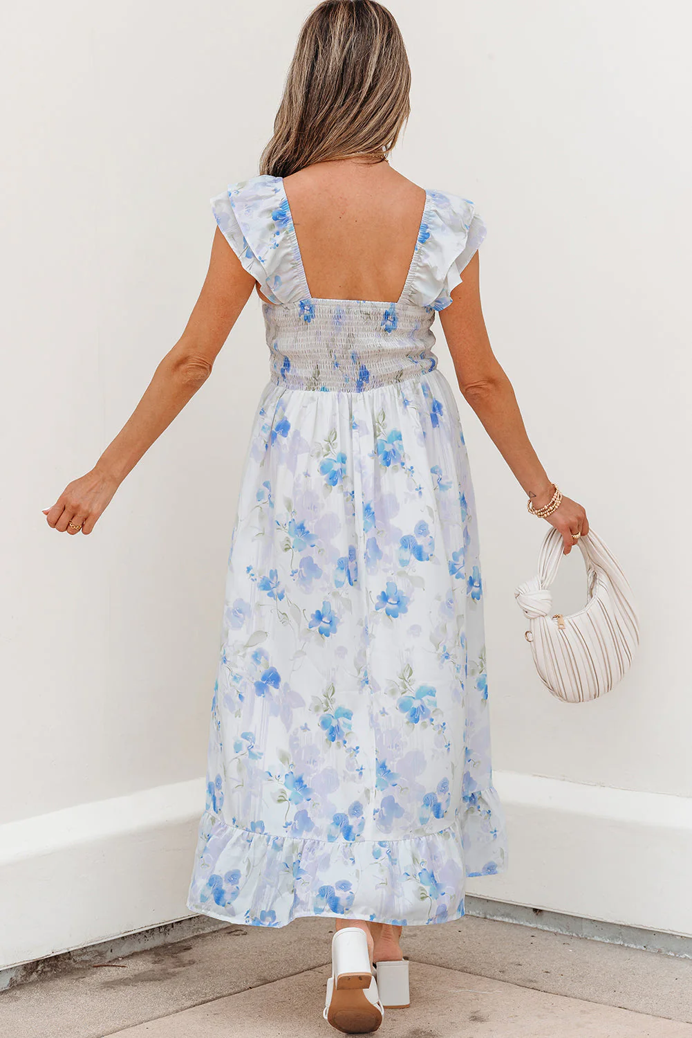 Sky Blue Floral Smocked High Waist Double Ruffle Sleeveless Long Dress - Image 10