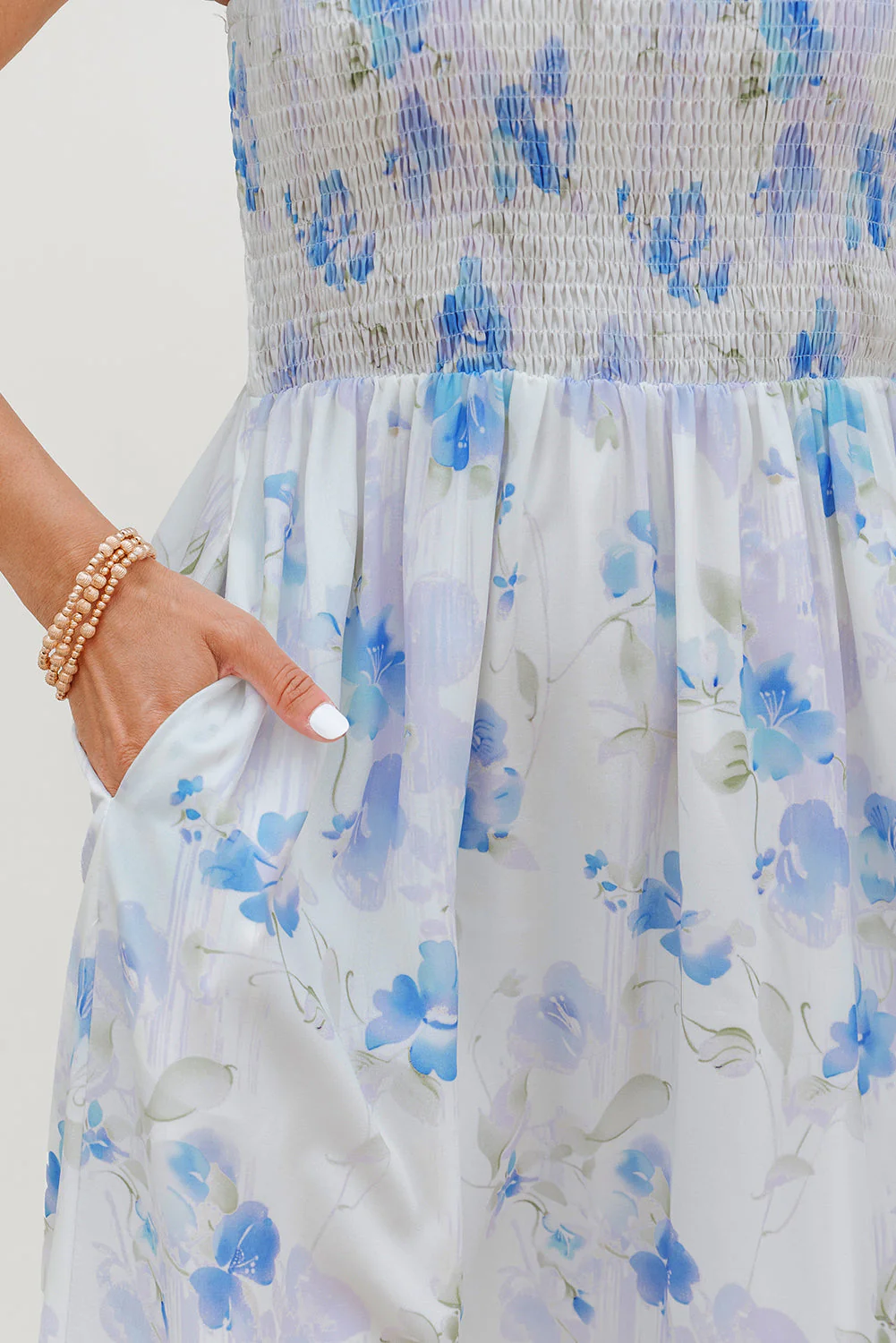 Sky Blue Floral Smocked High Waist Double Ruffle Sleeveless Long Dress - Image 15